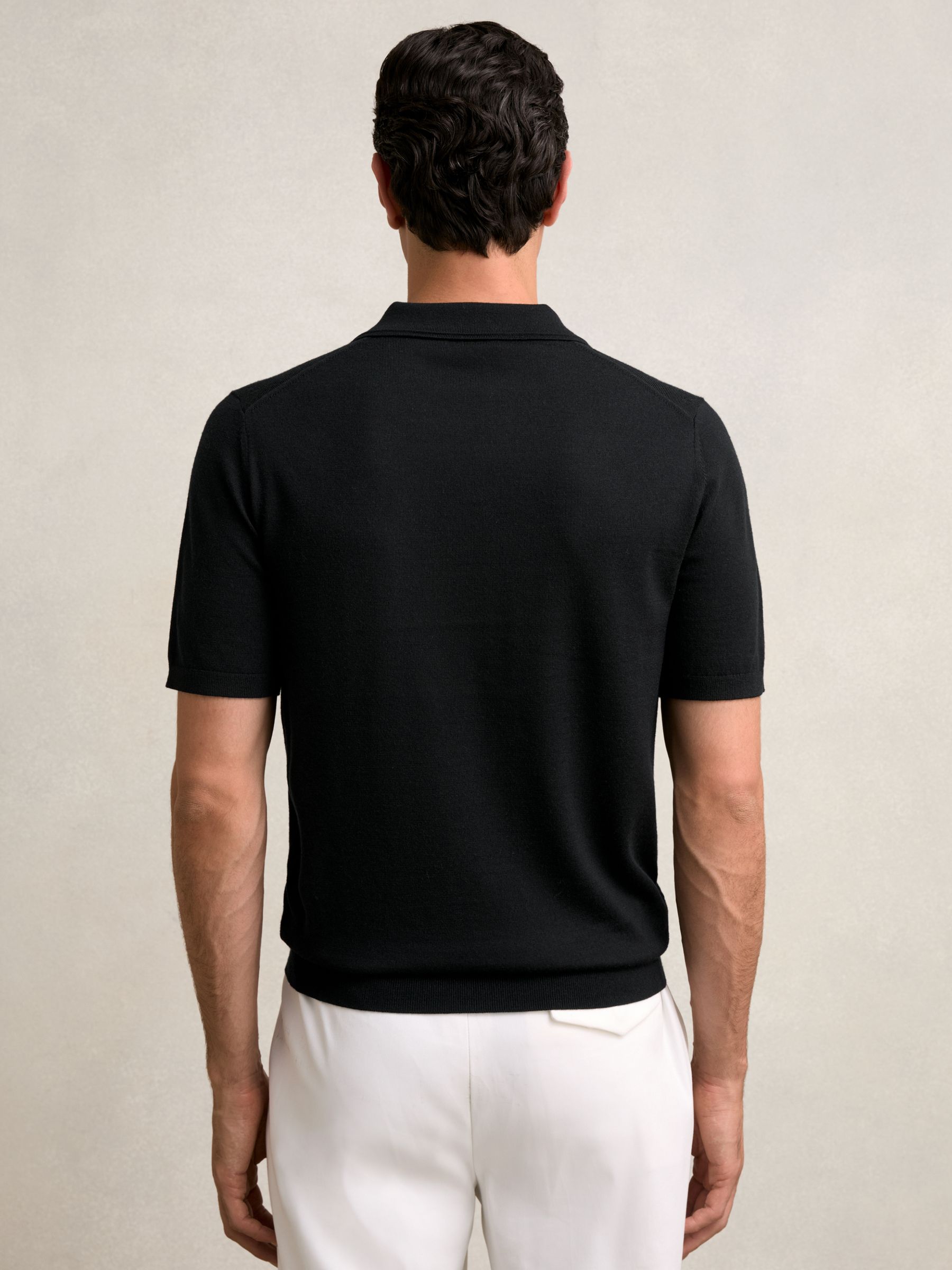Merino Wool Open-Collar Polo Shirt in Black