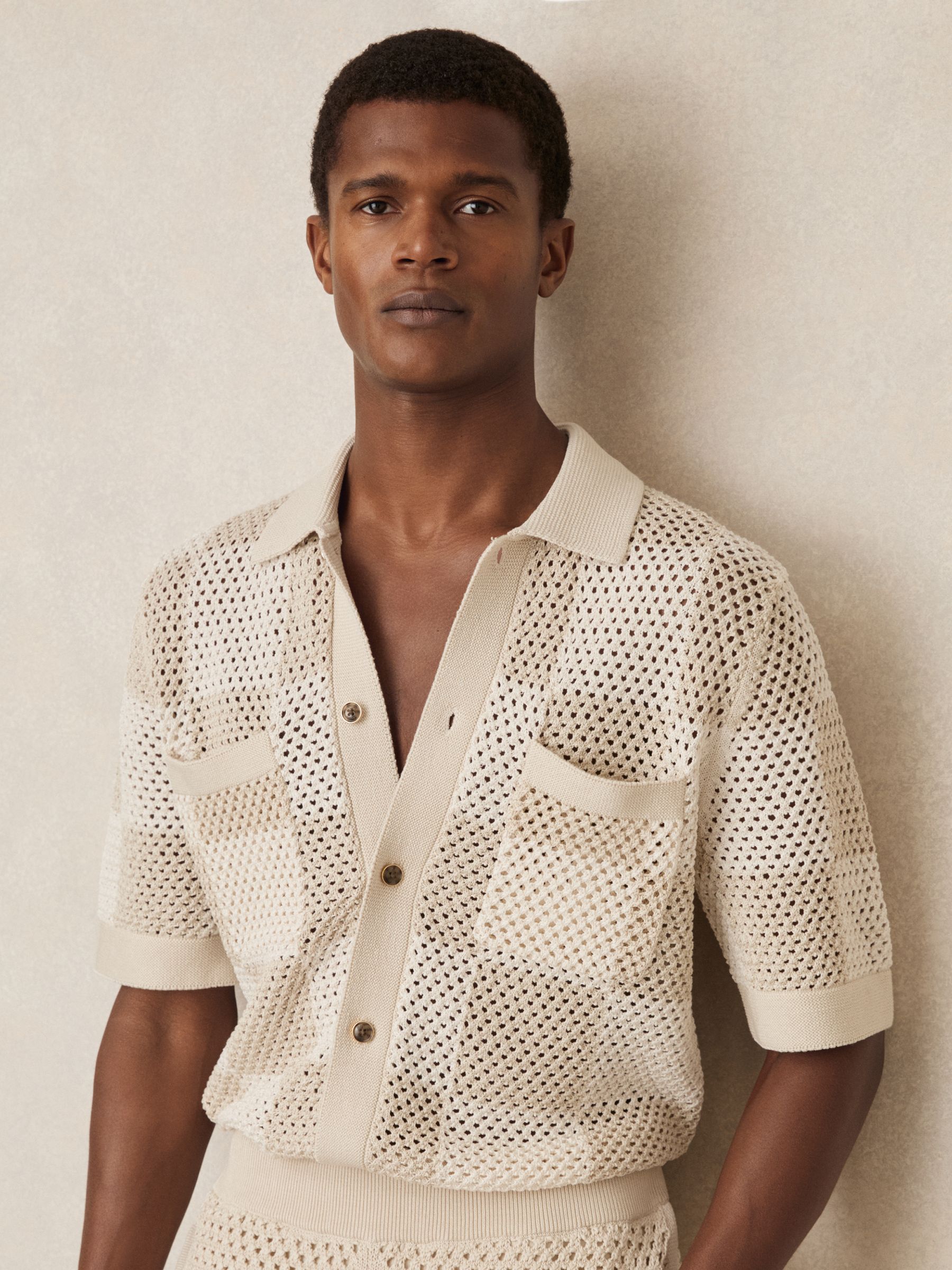 Cotton Chequerboard Crochet Shirt in Taupe/Off White