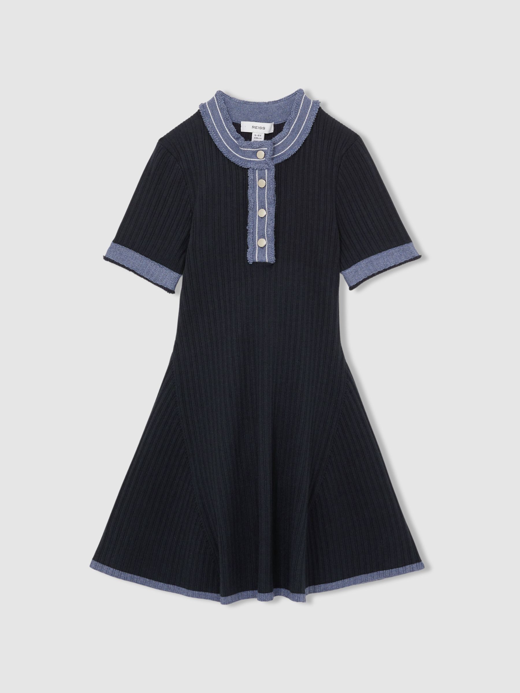 13-14 yrs Contrast-Trim Rib-Knit Dress in Navy