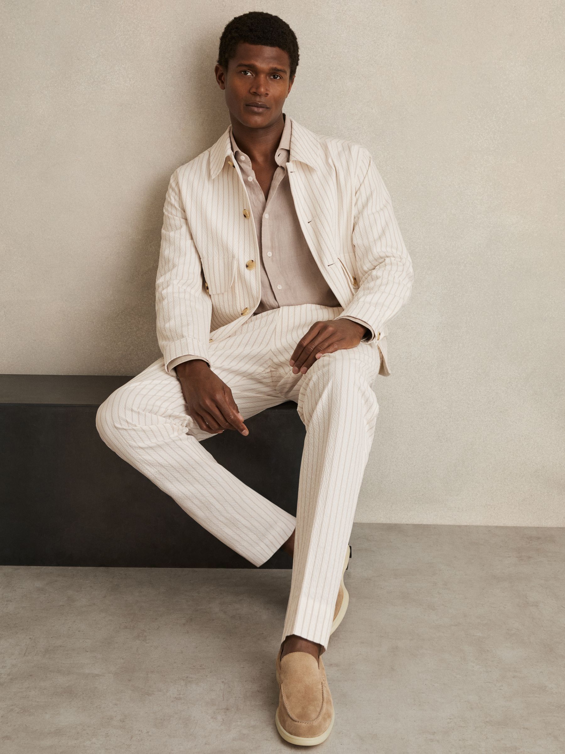 Regular-Fit Cotton-Blend Pinstripe Trousers in Off White/Taupe Brown