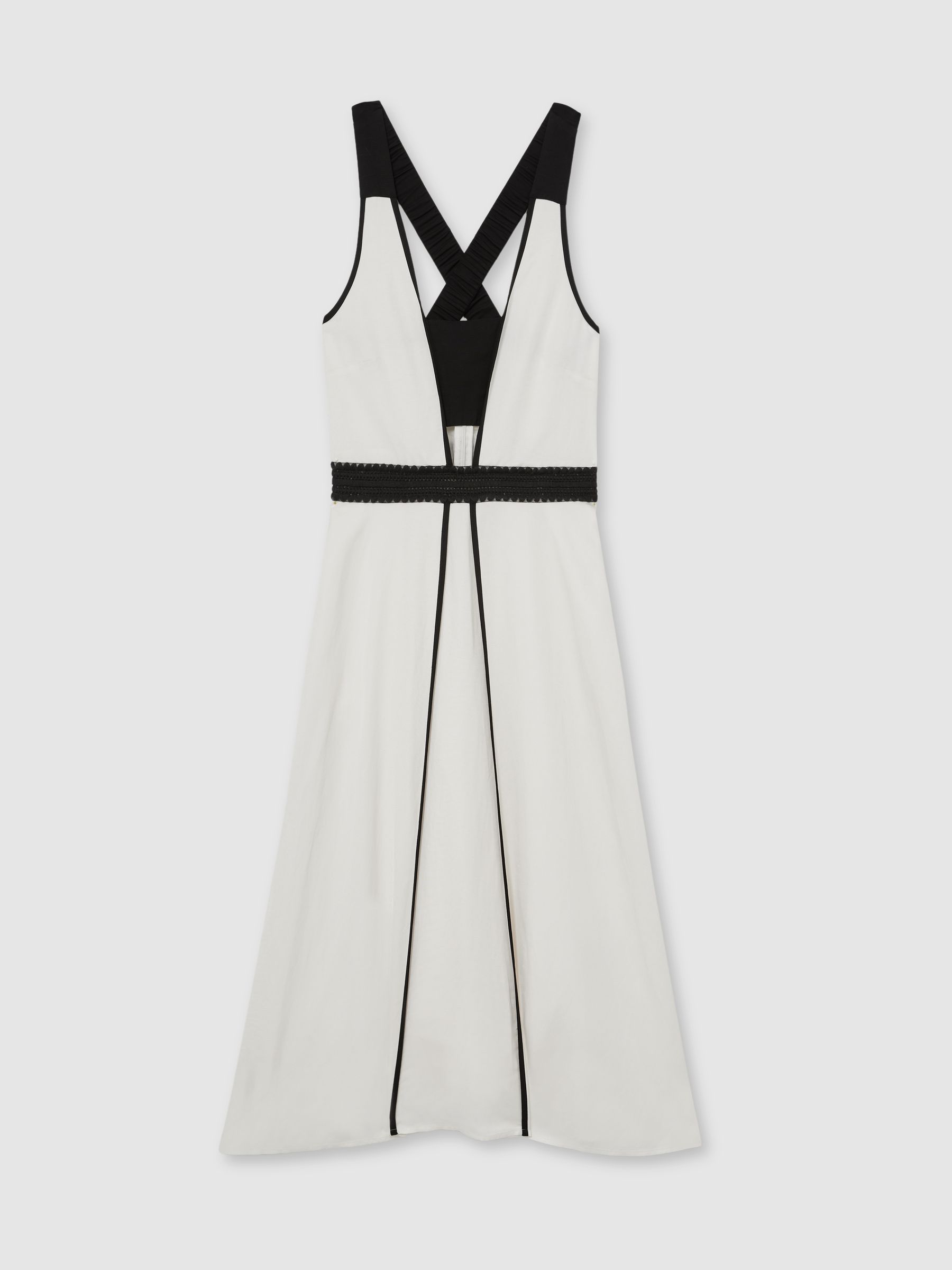Contrast-Trim Flared Midi Dress With Linen in Ivory/Black