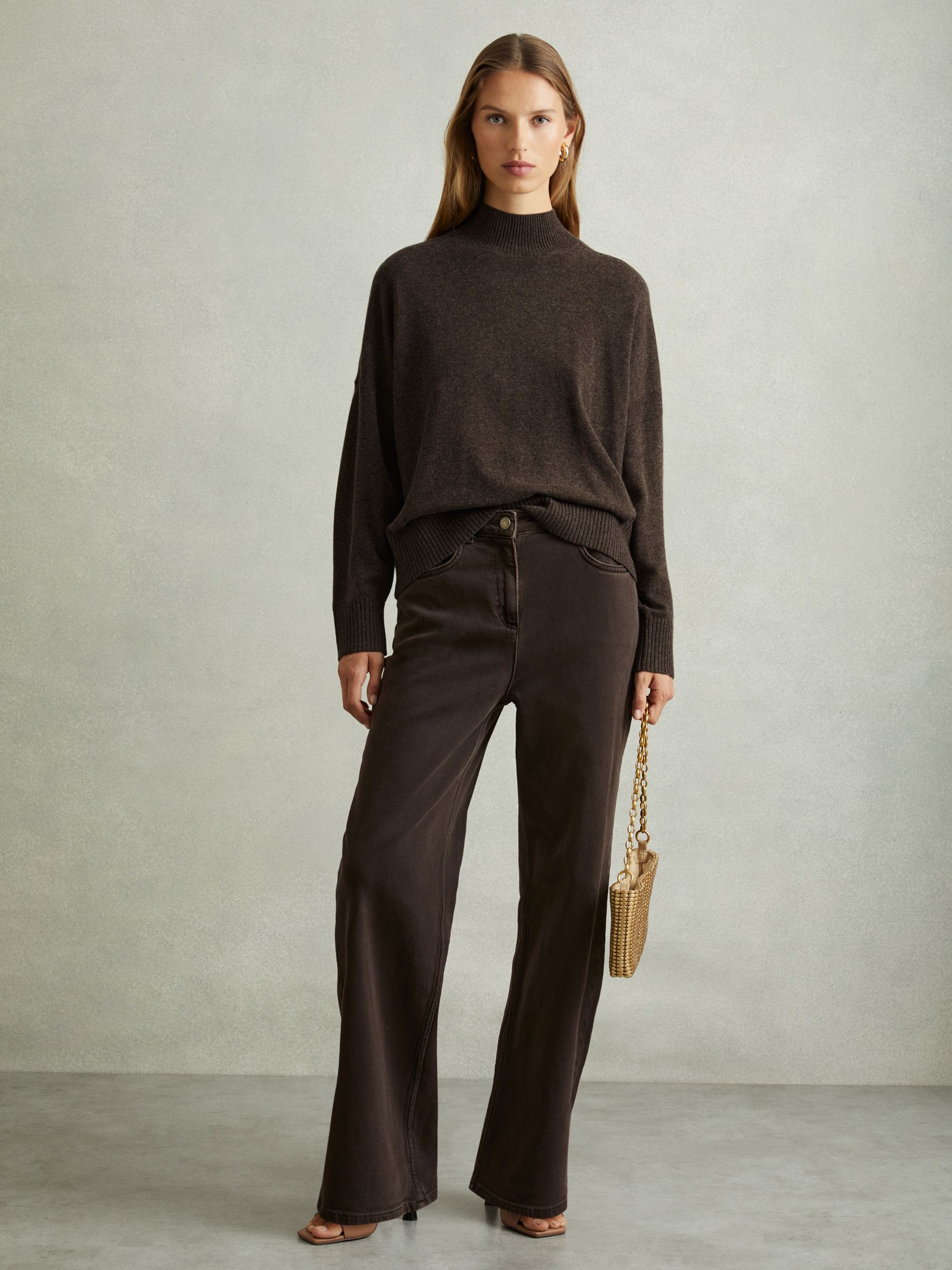 Wool Blend Funnel Neck Jumper in Chocolate