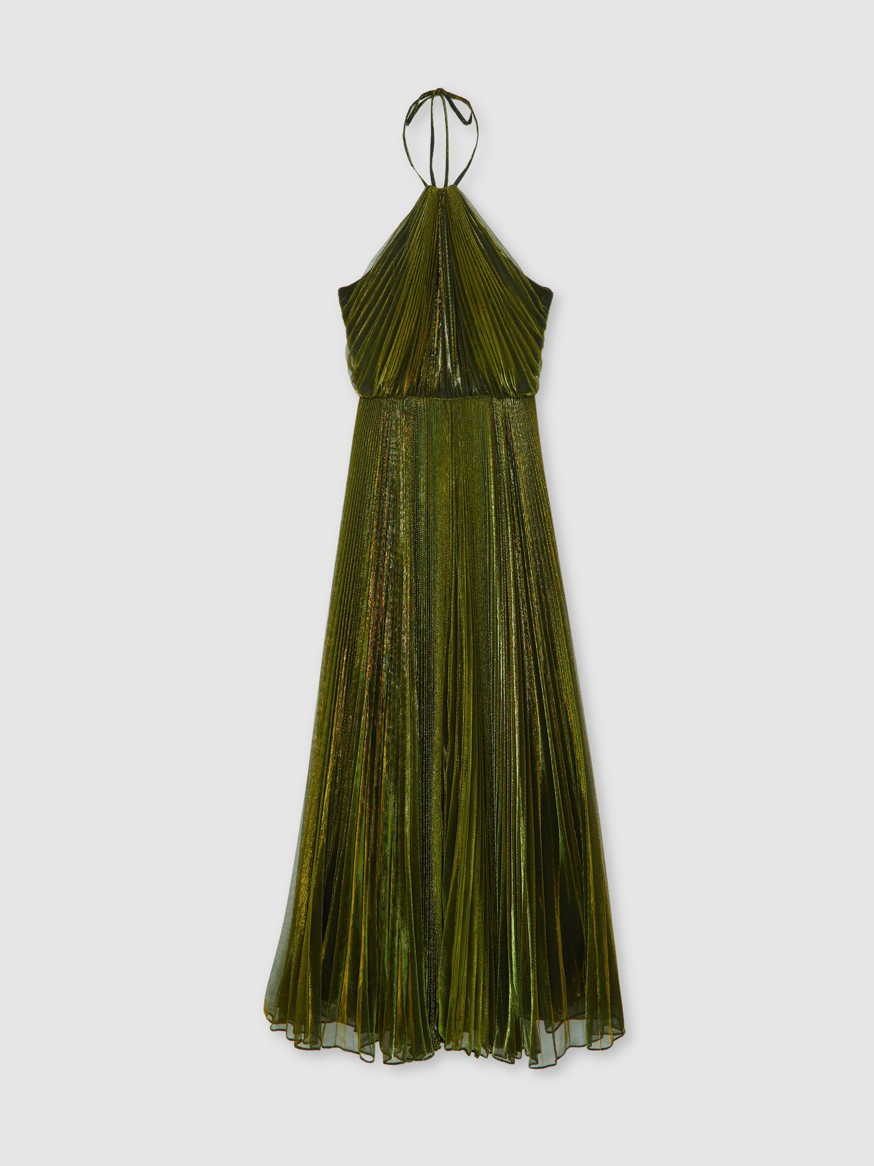 Halston Metallic Pleated Maxi Dress in Dark Olive Green