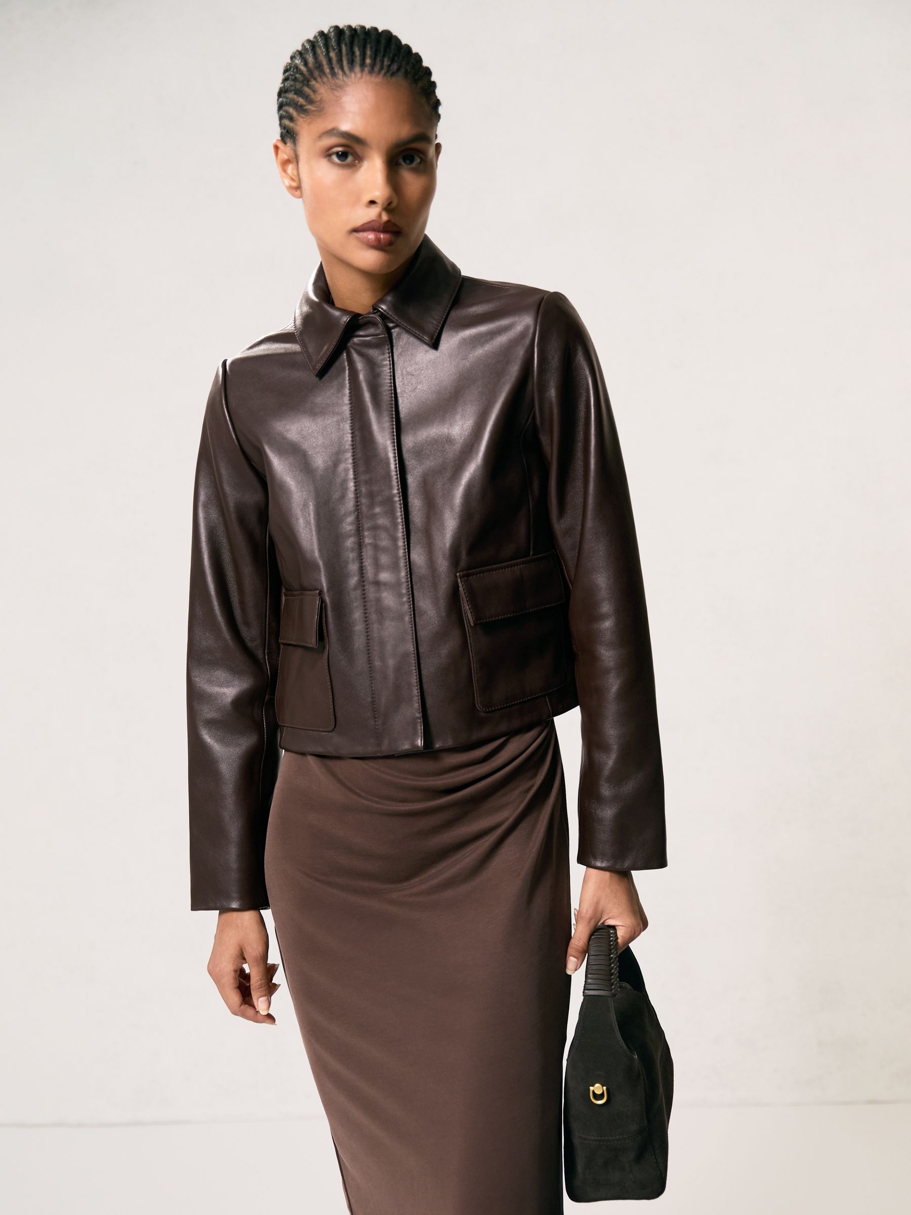 Collared Leather Jacket in Chocolate Brown