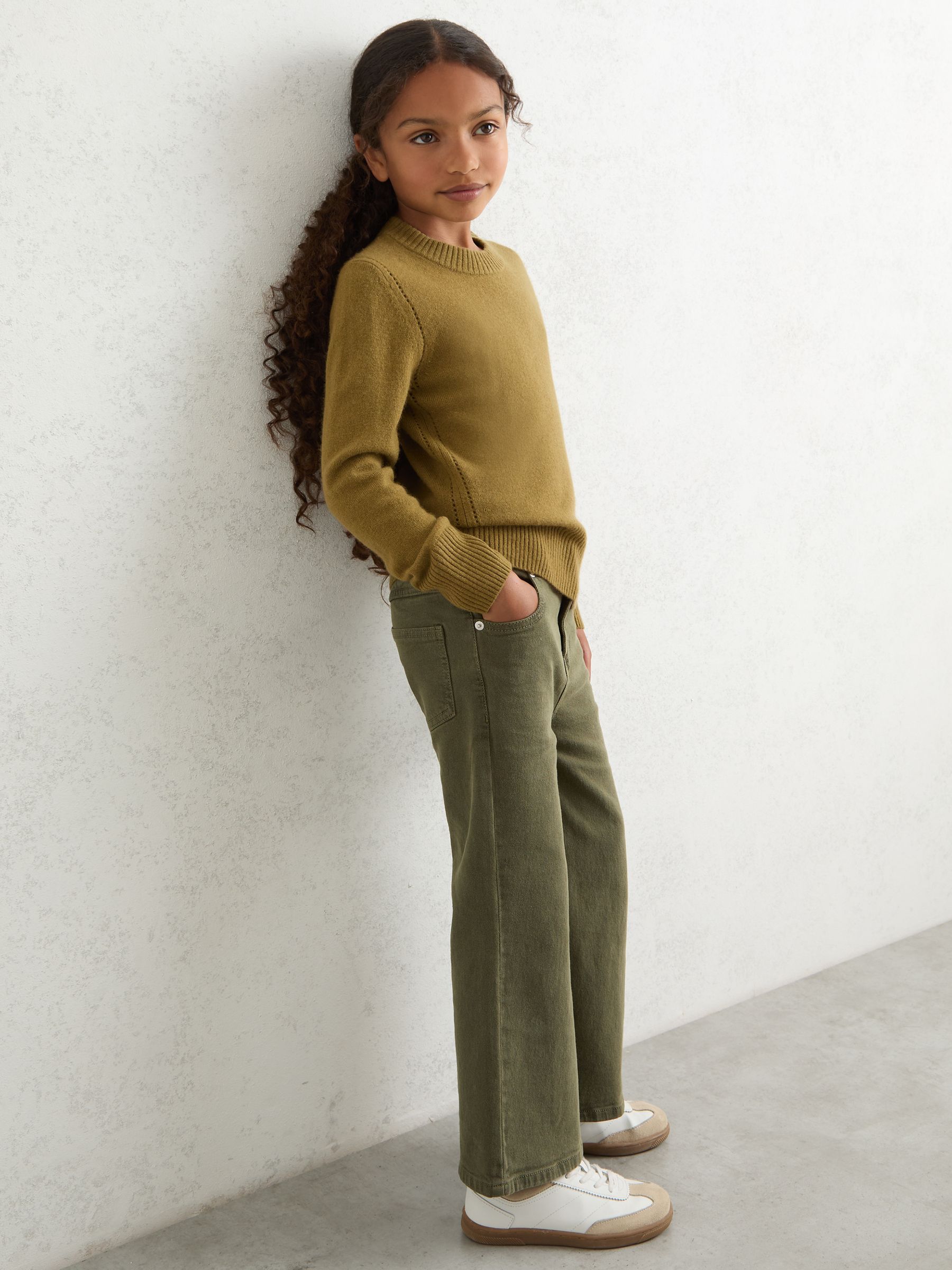 9-13 yrs Wool-Blend Open-Stitch Jumper with Cashmere in Khaki Green