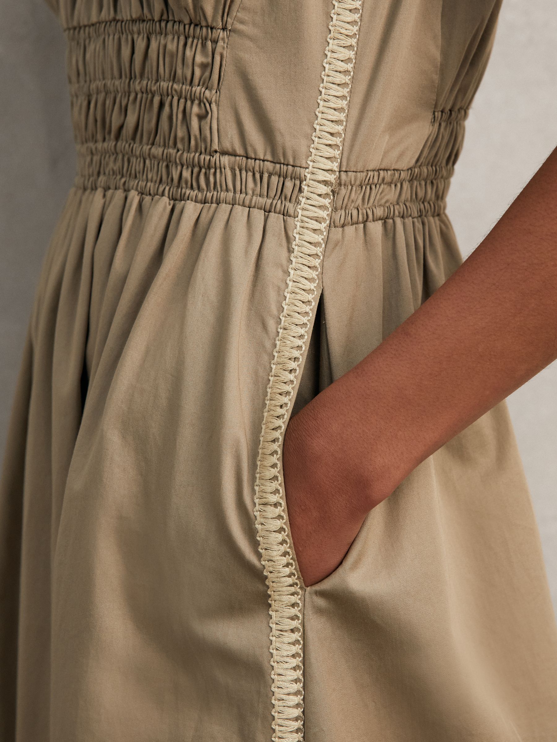 Cotton Craft-Stitch Shirred Midi Dress in Khaki