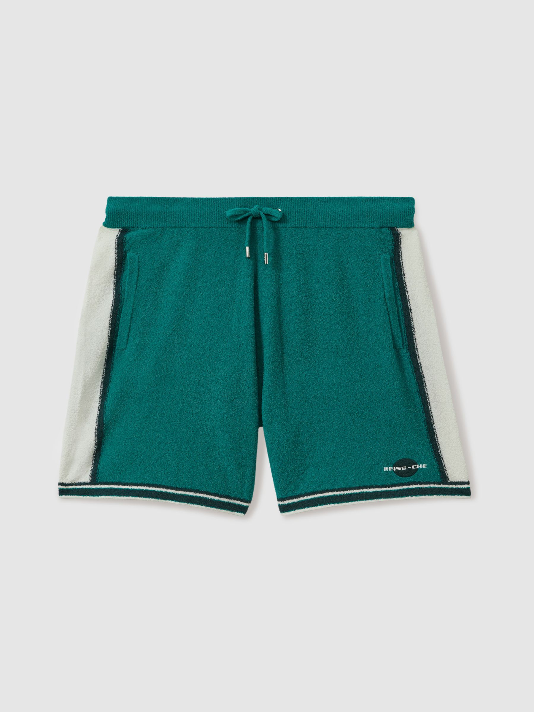Reiss | Ché Towelling Drawstring Shorts in Green/White