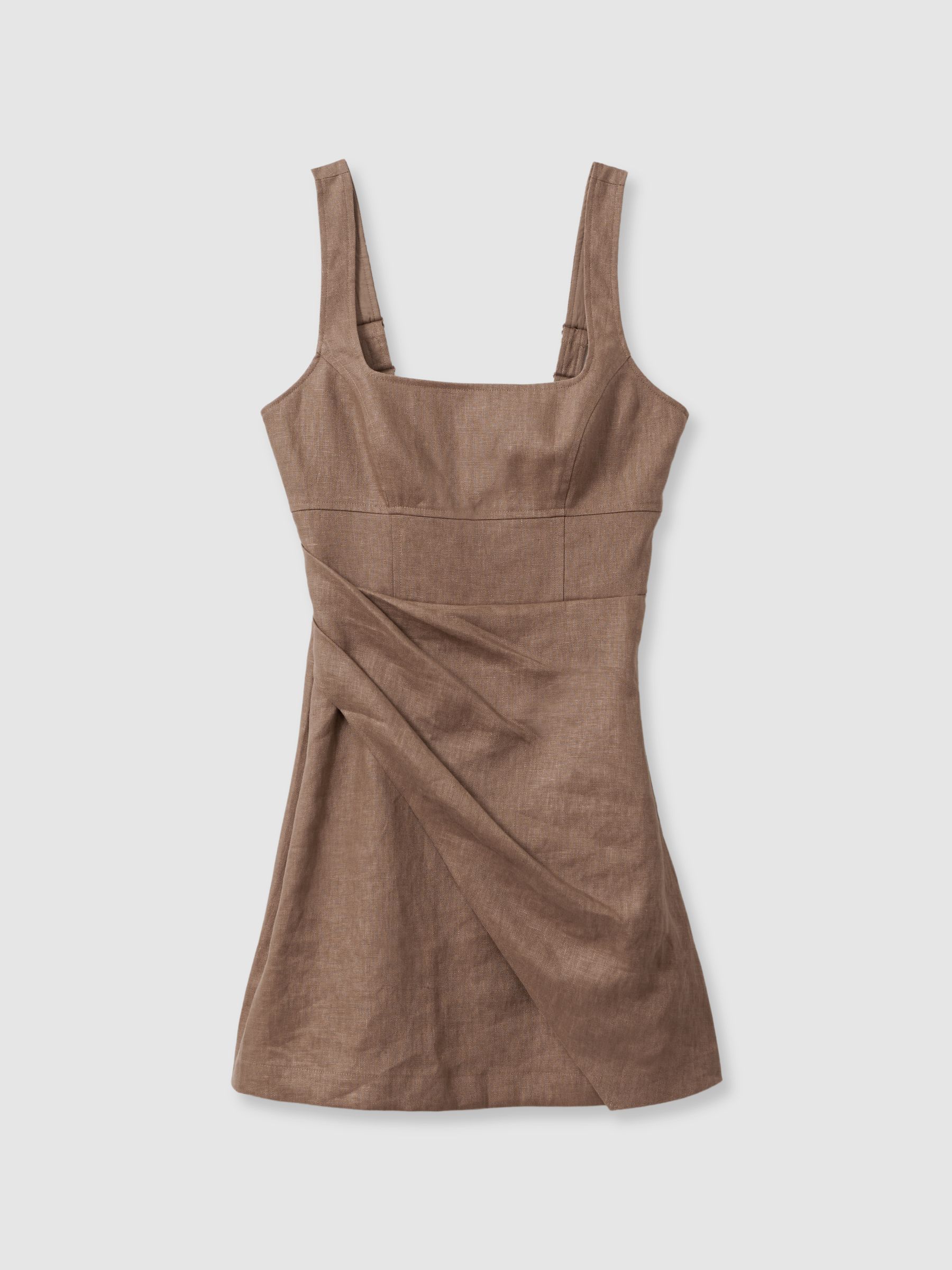 Linen Pleat Detail Mini Dress in Brown