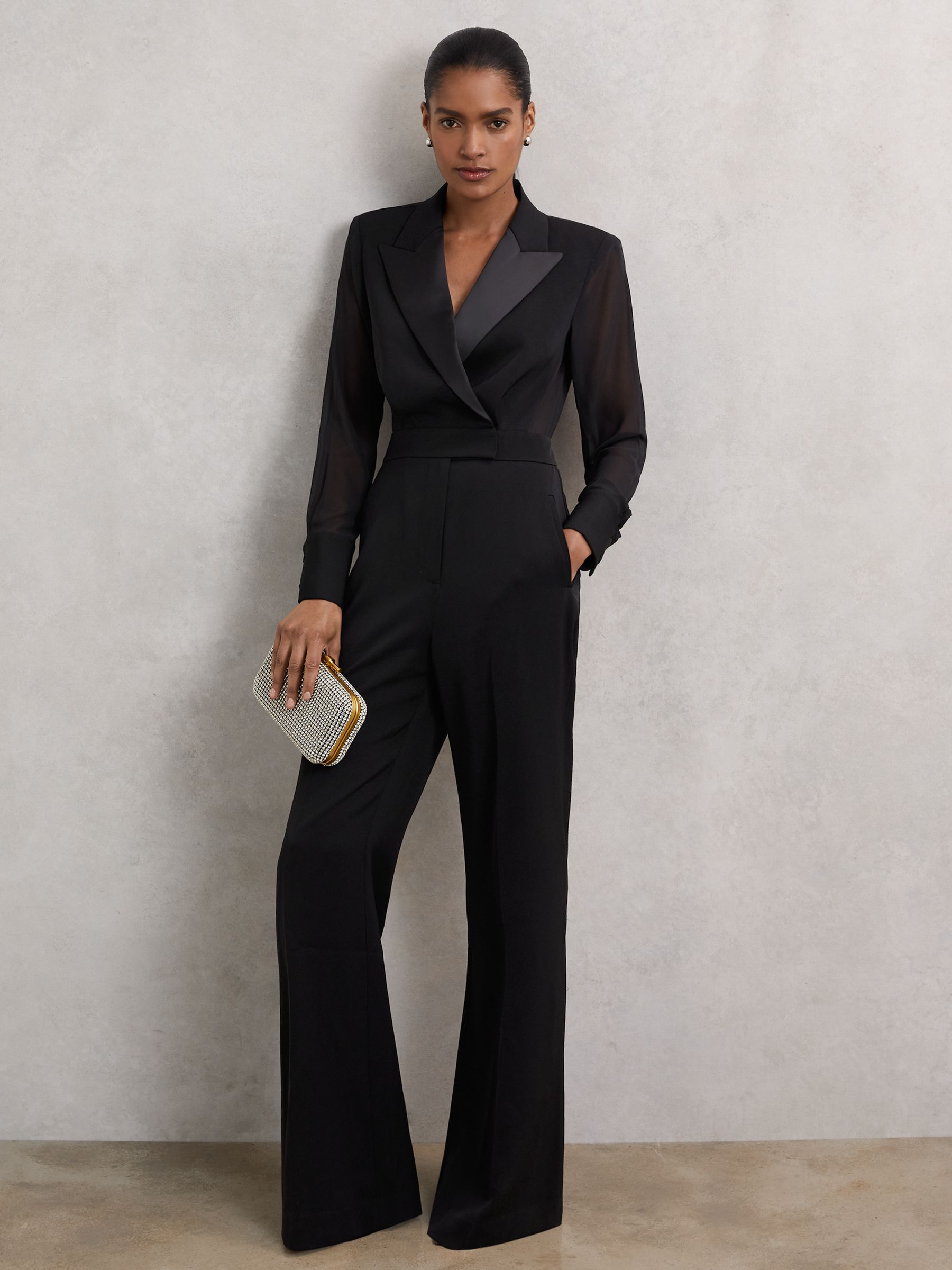 Sheer-Sleeve Tuxedo Jumpsuit in Black