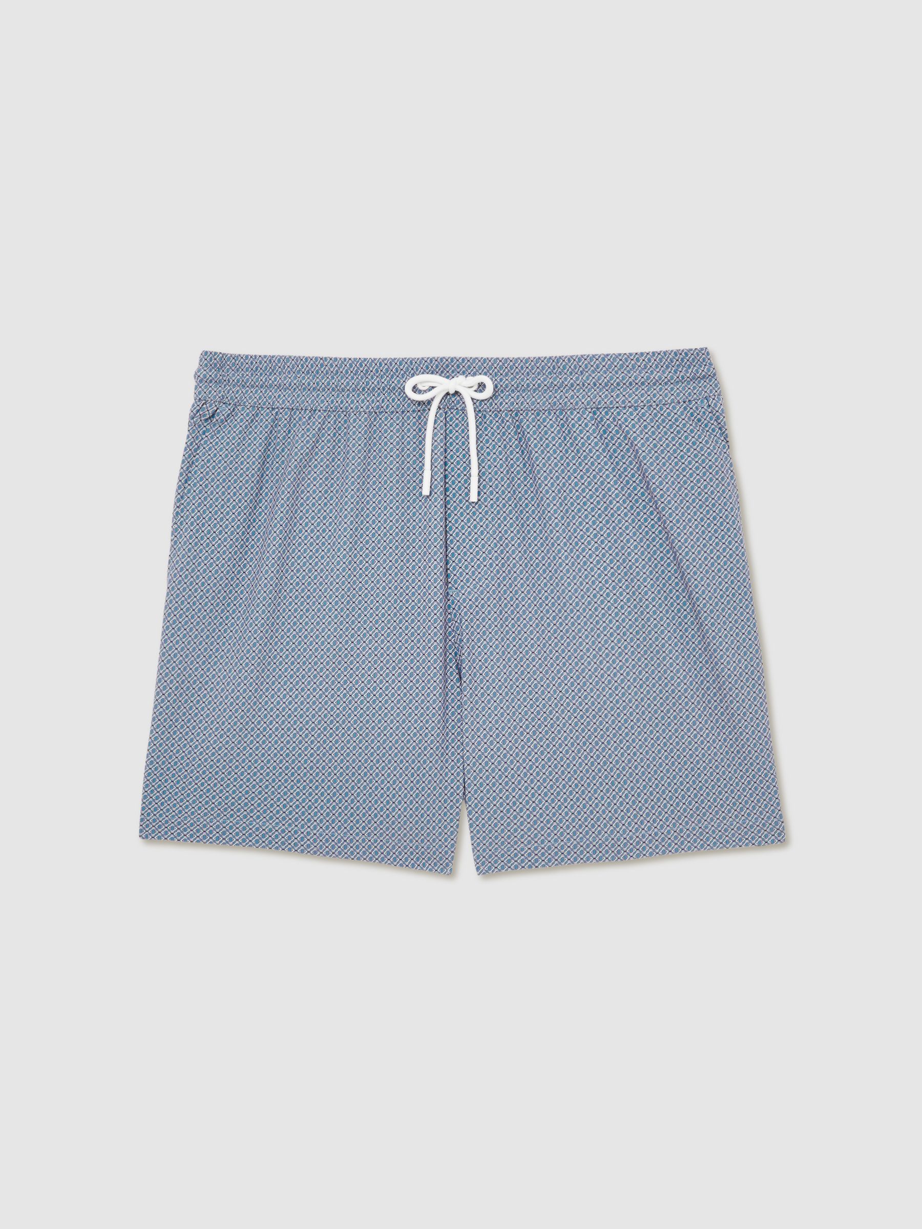Drawstring Geometric Print Swim Shorts in Airforce Blue