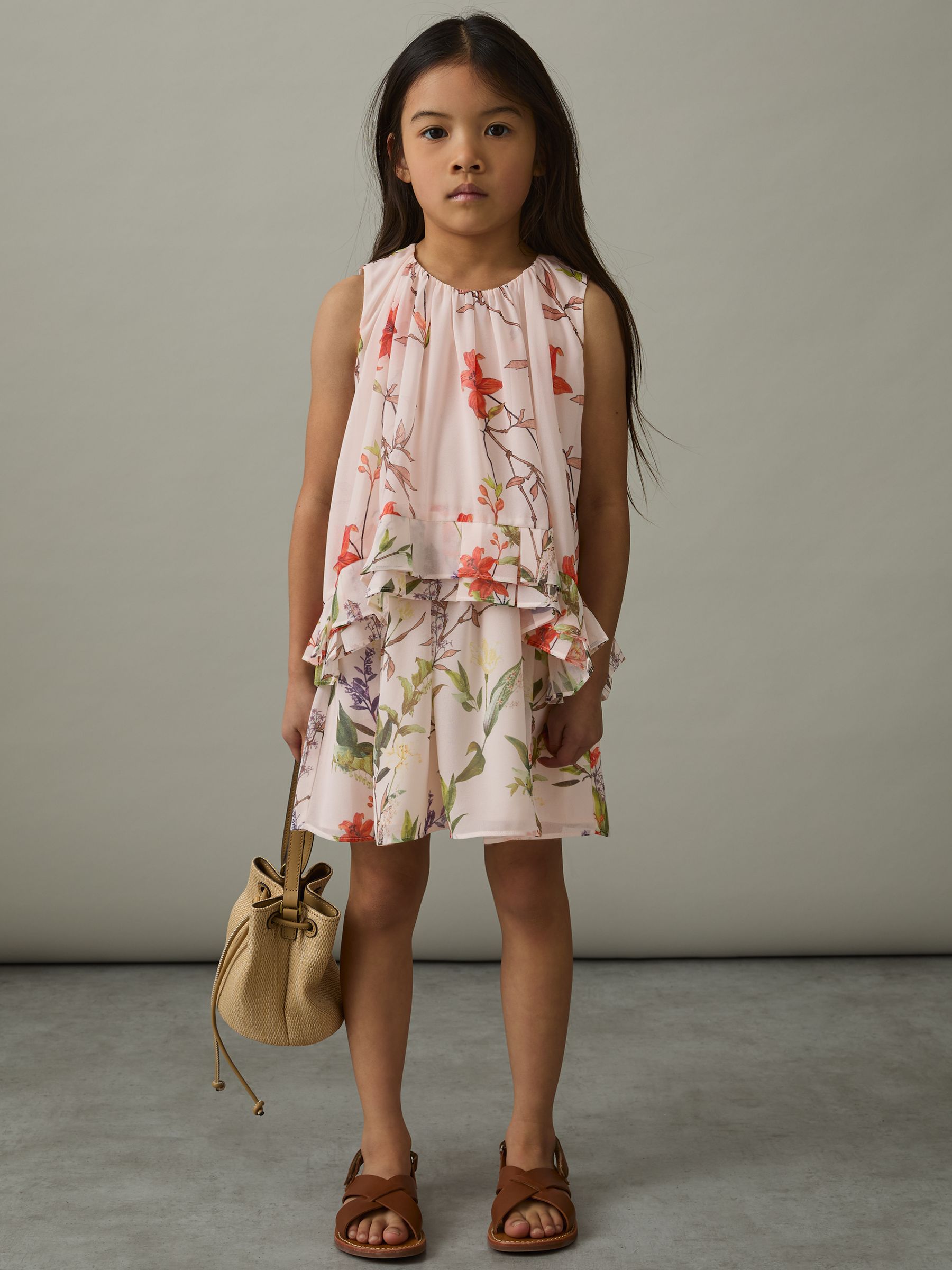 13-14 yrs Chiffon Floral-Print Tiered Dress in Pink Print