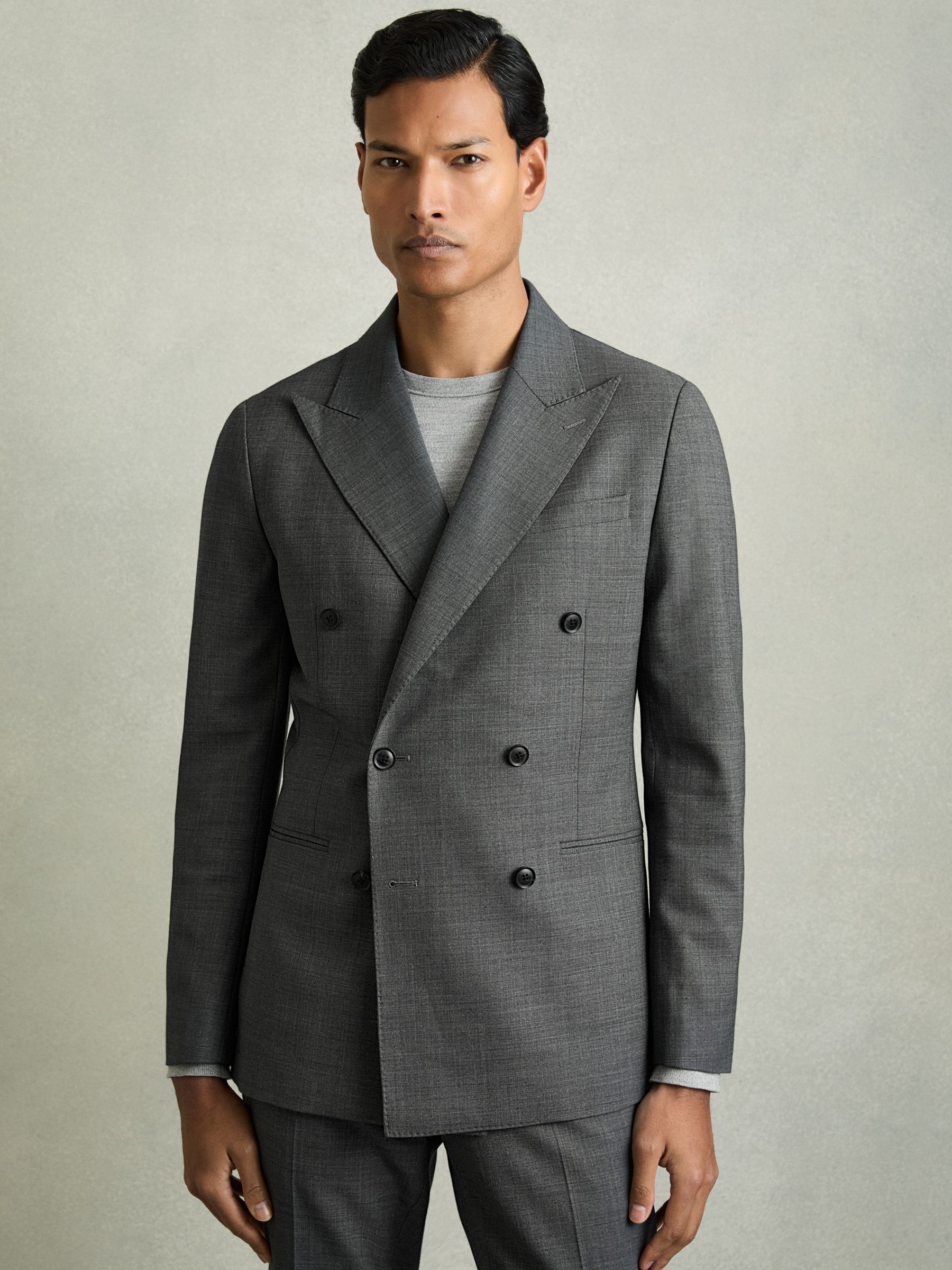 Regular-Fit Double-Breasted Sharkskin Wool-Blend Suit Blazer in Charcoal Grey