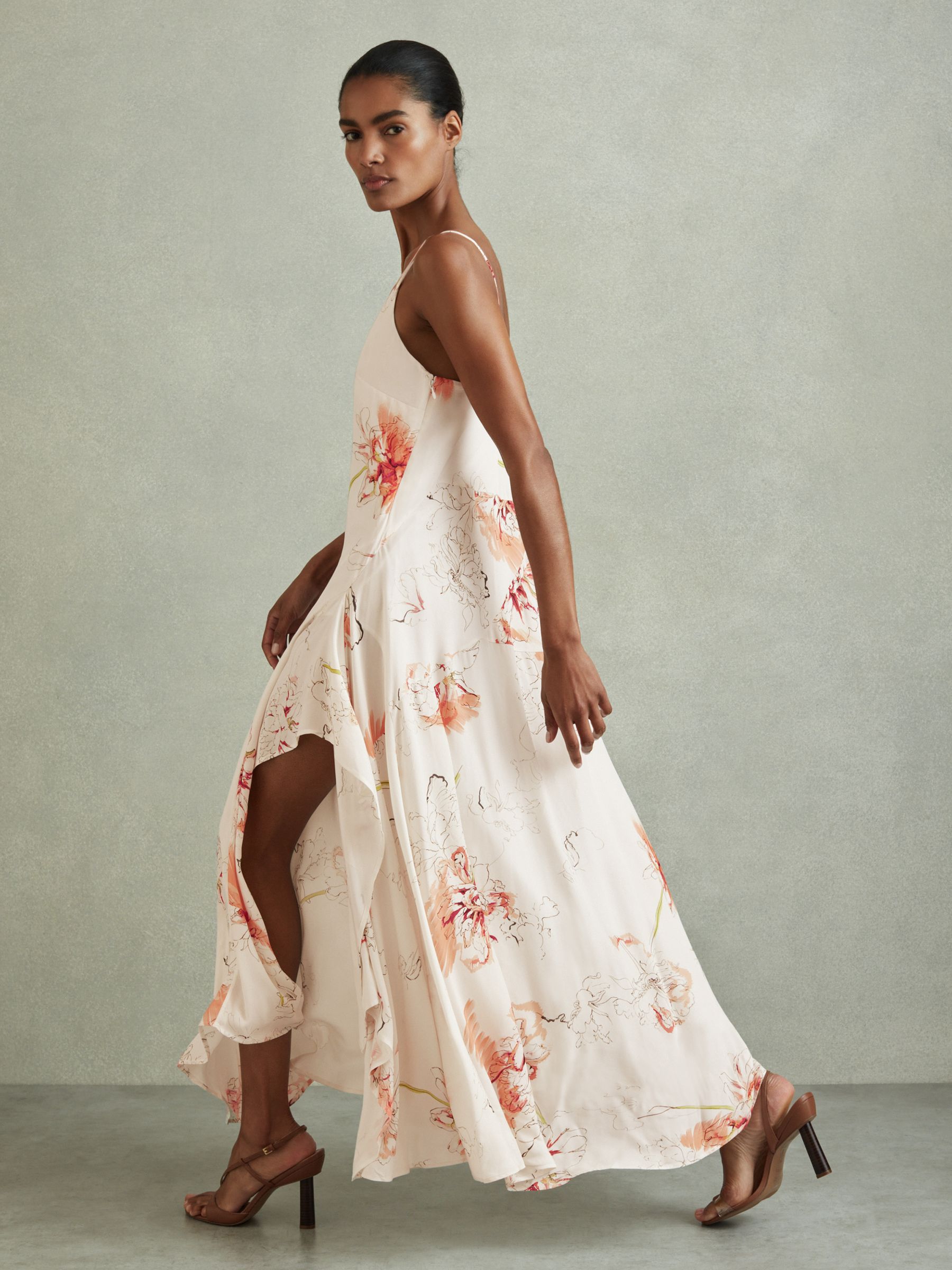 Melody Ivory/Coral Floral Print Side Split Midi Dress