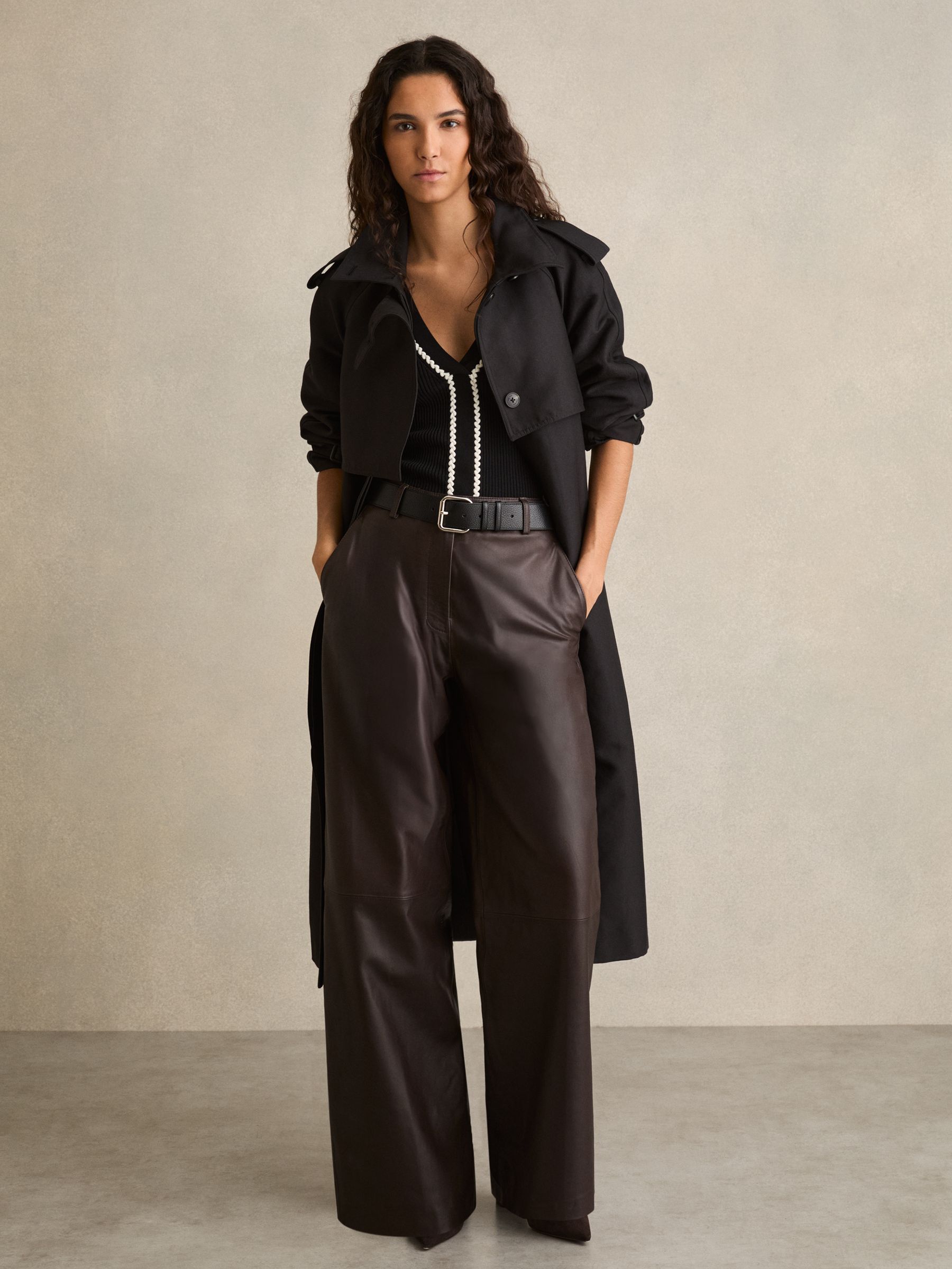 Petite Leather Wide Leg Trousers in Chocolate