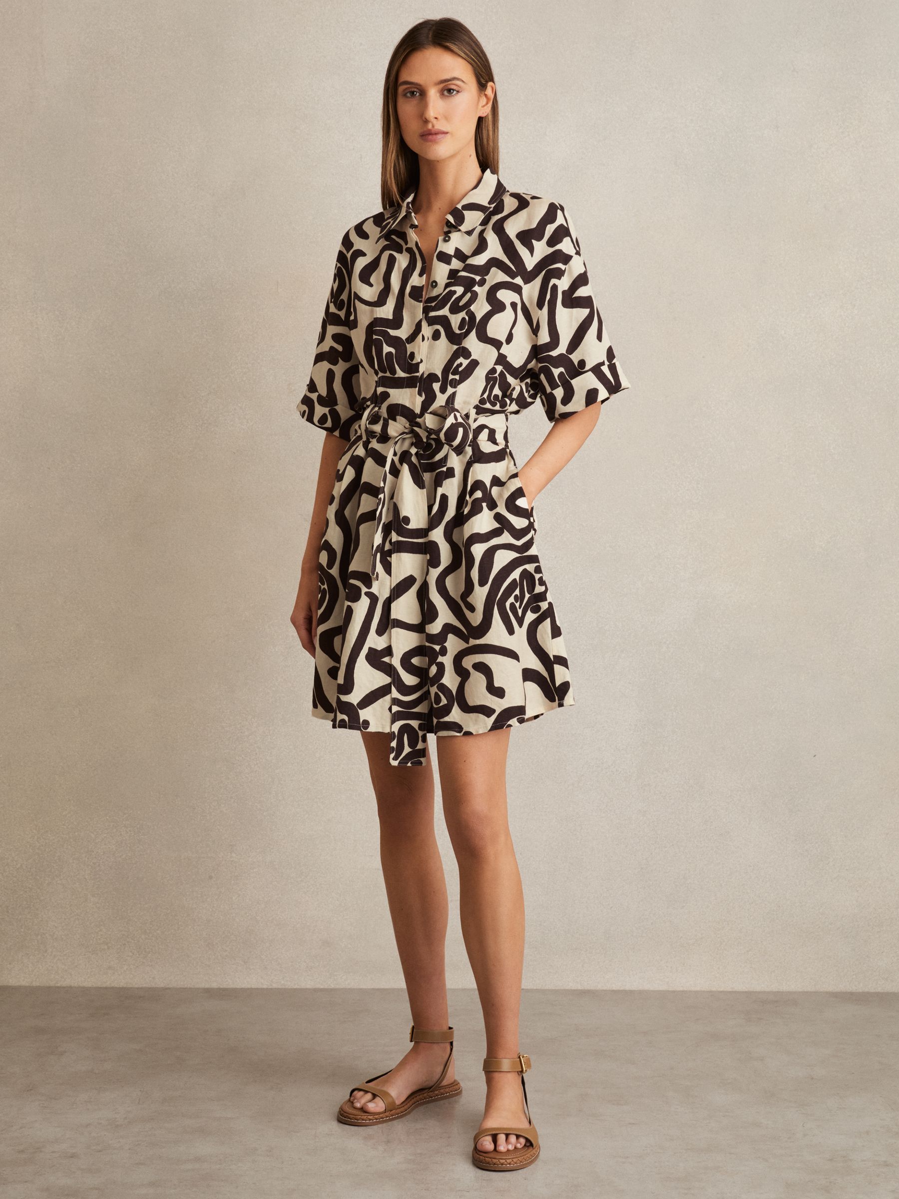 Linen Blend Printed Shirt Dress in Brown/Ivory