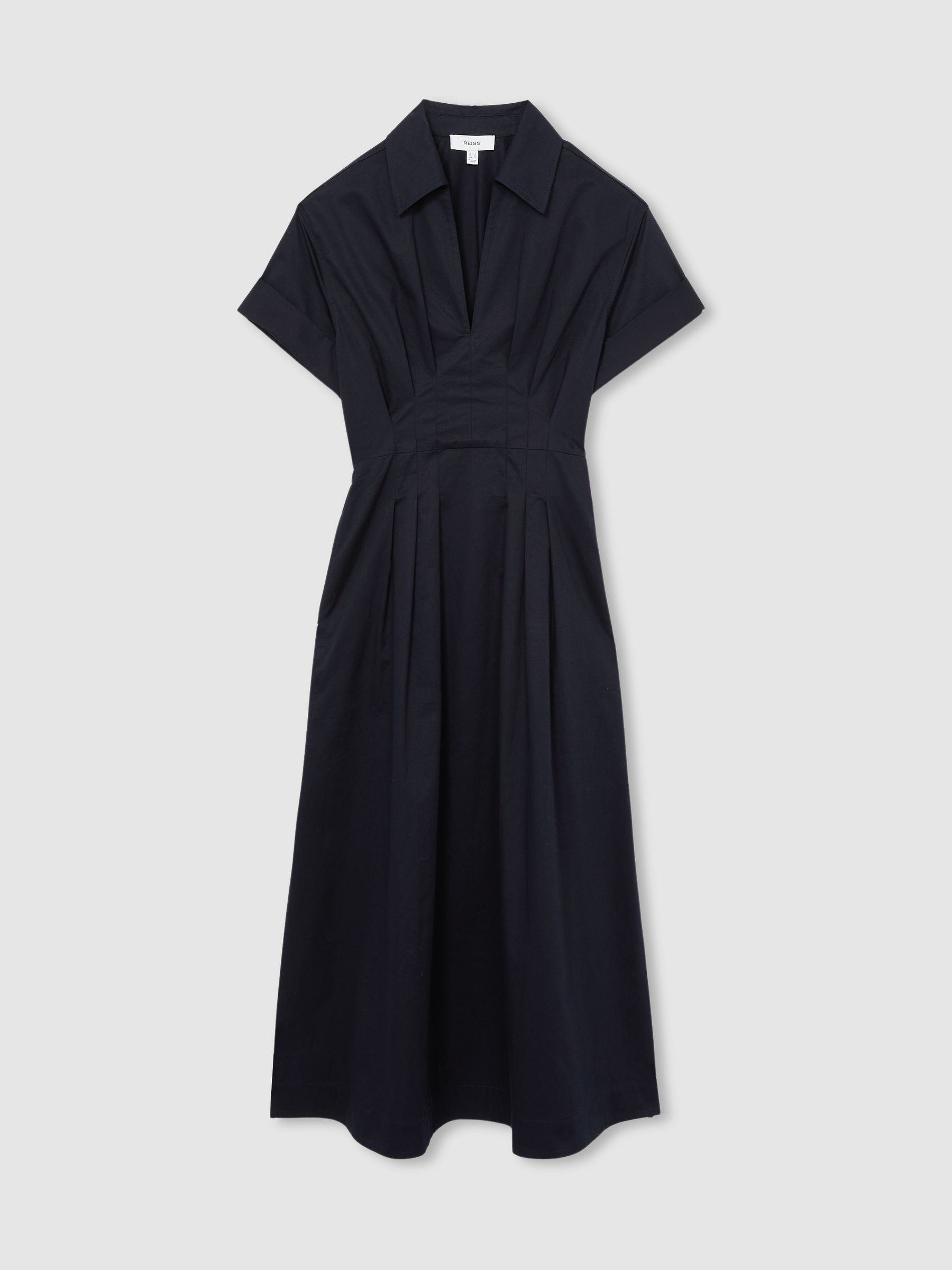 Cotton Pleated-Waist Midi Dress in Navy