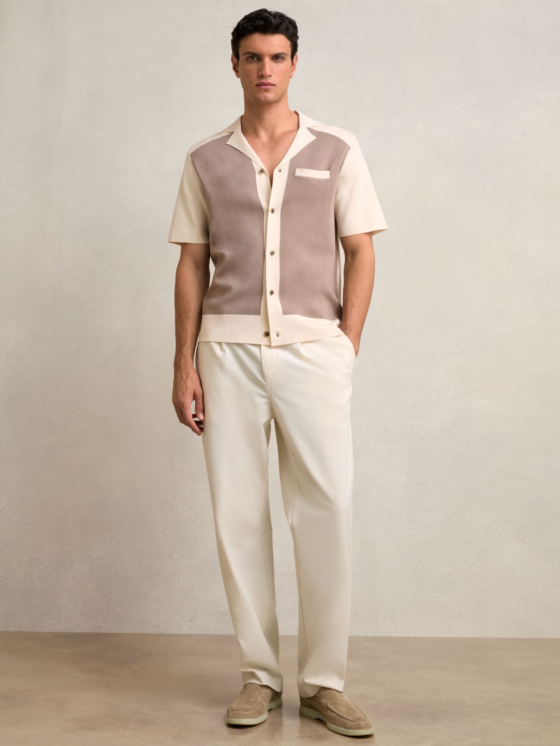 Colour-Block Cuban-Collar Knit Shirt in Taupe Brown/Light Stone