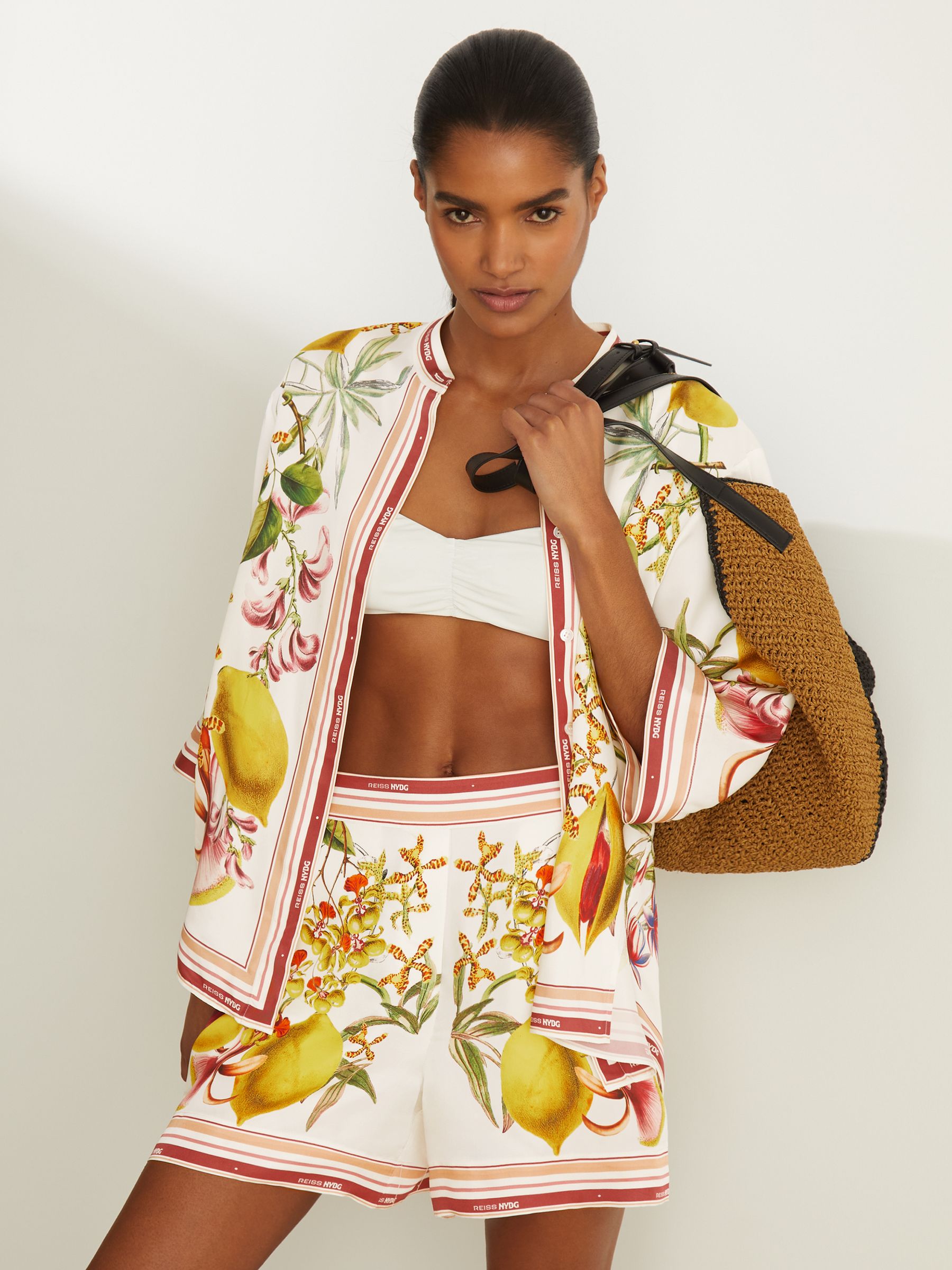 Reiss | NYBG Satin Floral-Print Shorts in Ivory