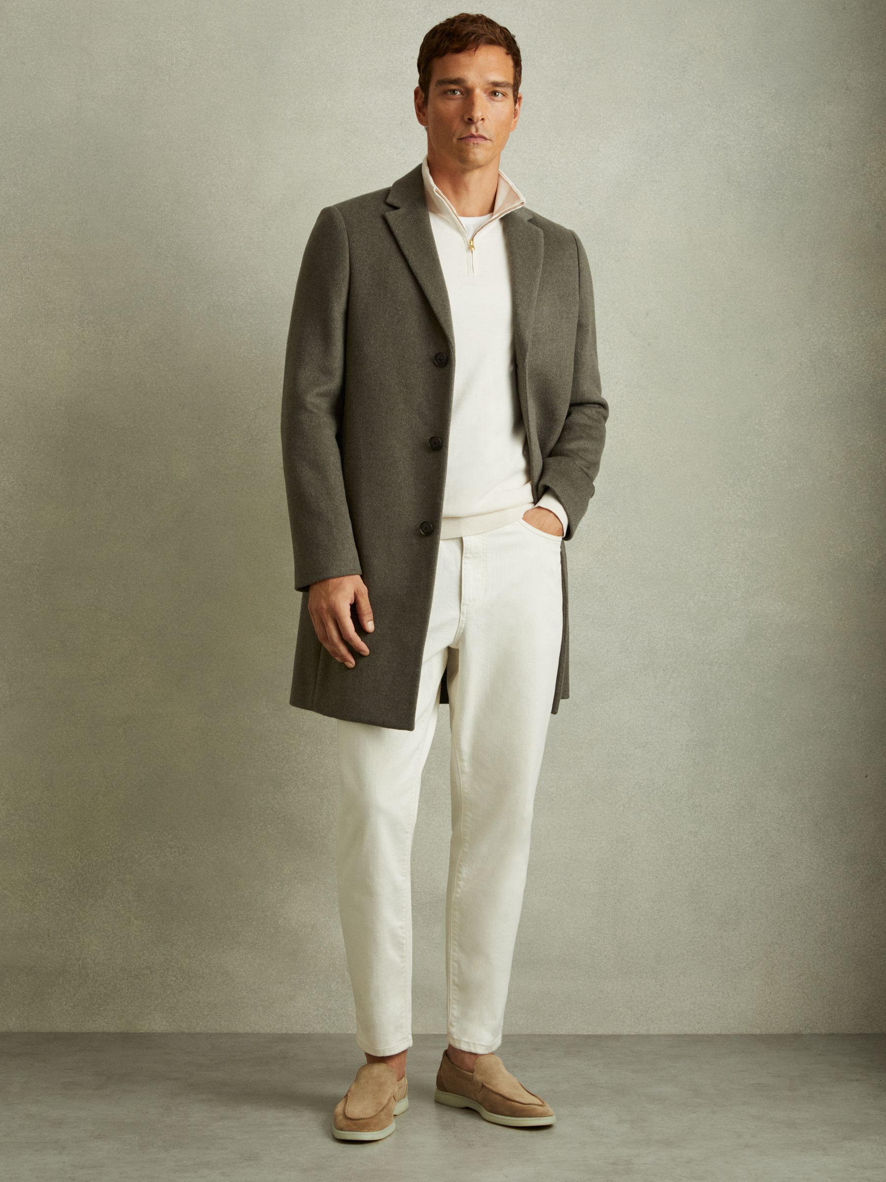 Wool Blend Single Breasted Overcoat in Green Smoke