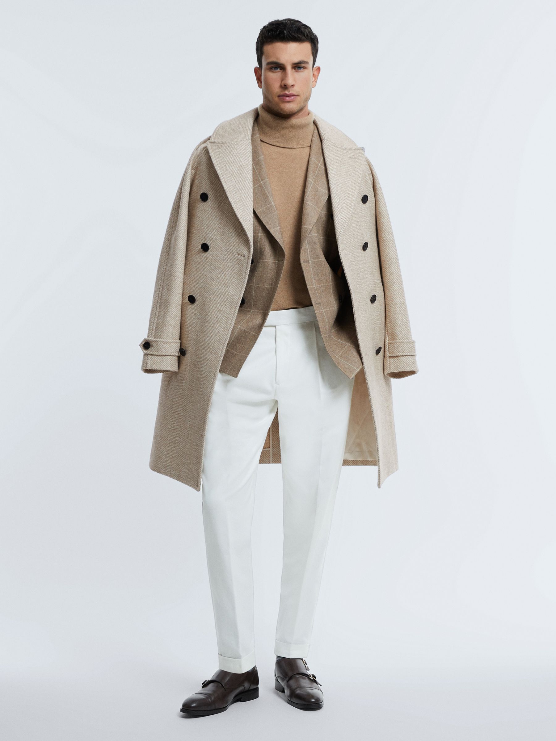 Atelier Italian Wool Blend Double Breasted Coat in Oatmeal Melange
