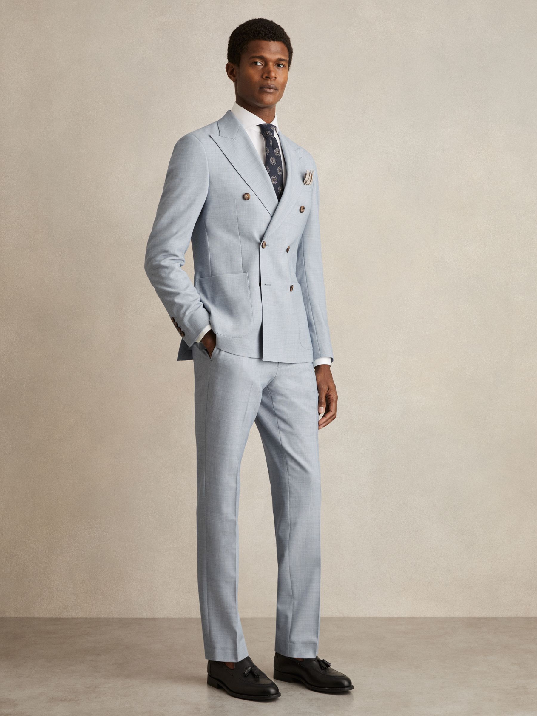 Double-Breasted Textured Suit Blazer With Wool Slim-Fit in Soft Blue