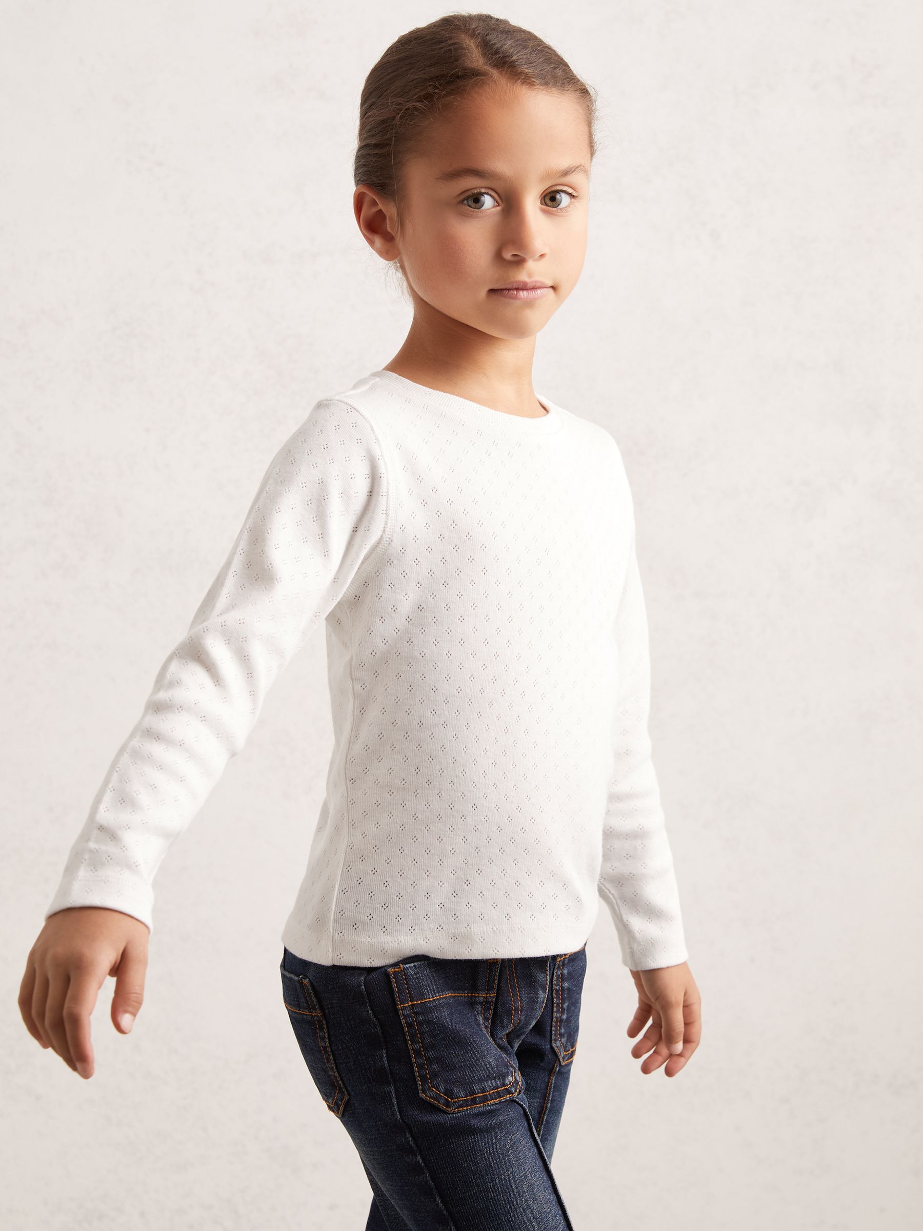 3-9 yrs Cotton Pointelle Long-Sleeve Top in White