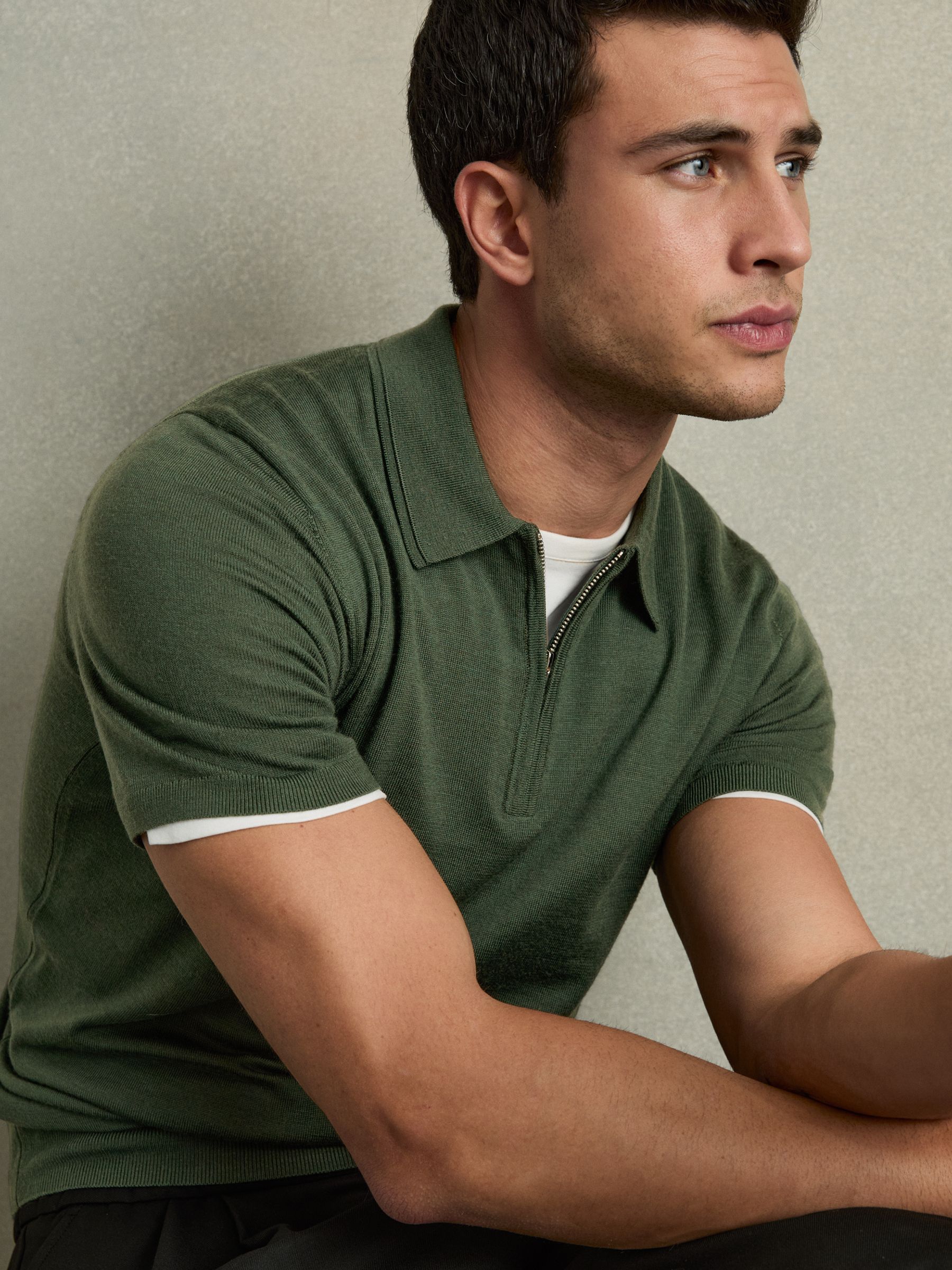 Merino Wool Half-Zip Polo Shirt in Dark Kale Green