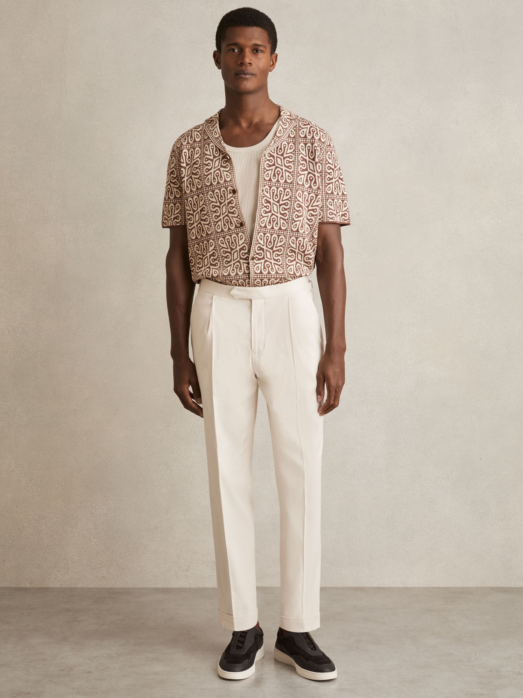 Tile Pattern Knit Shirt in Brown/White