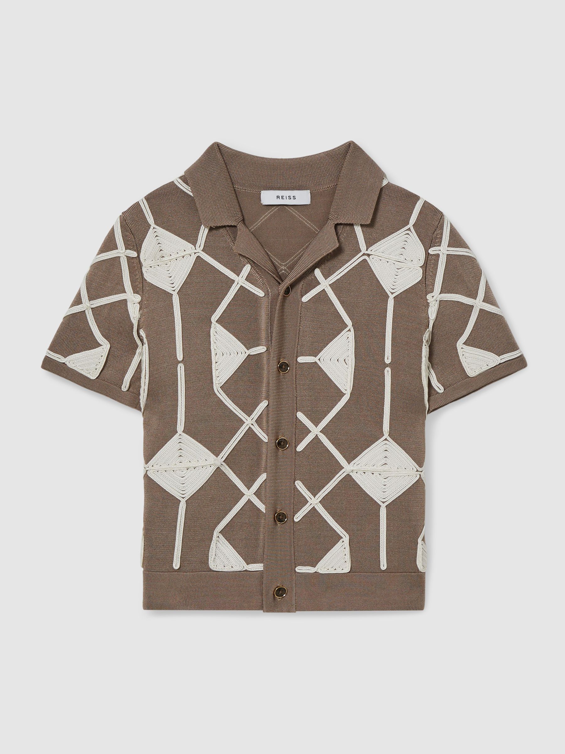 3-9 yrs Geometric Embroidery Knit Shirt in Mink Brown/ Off White