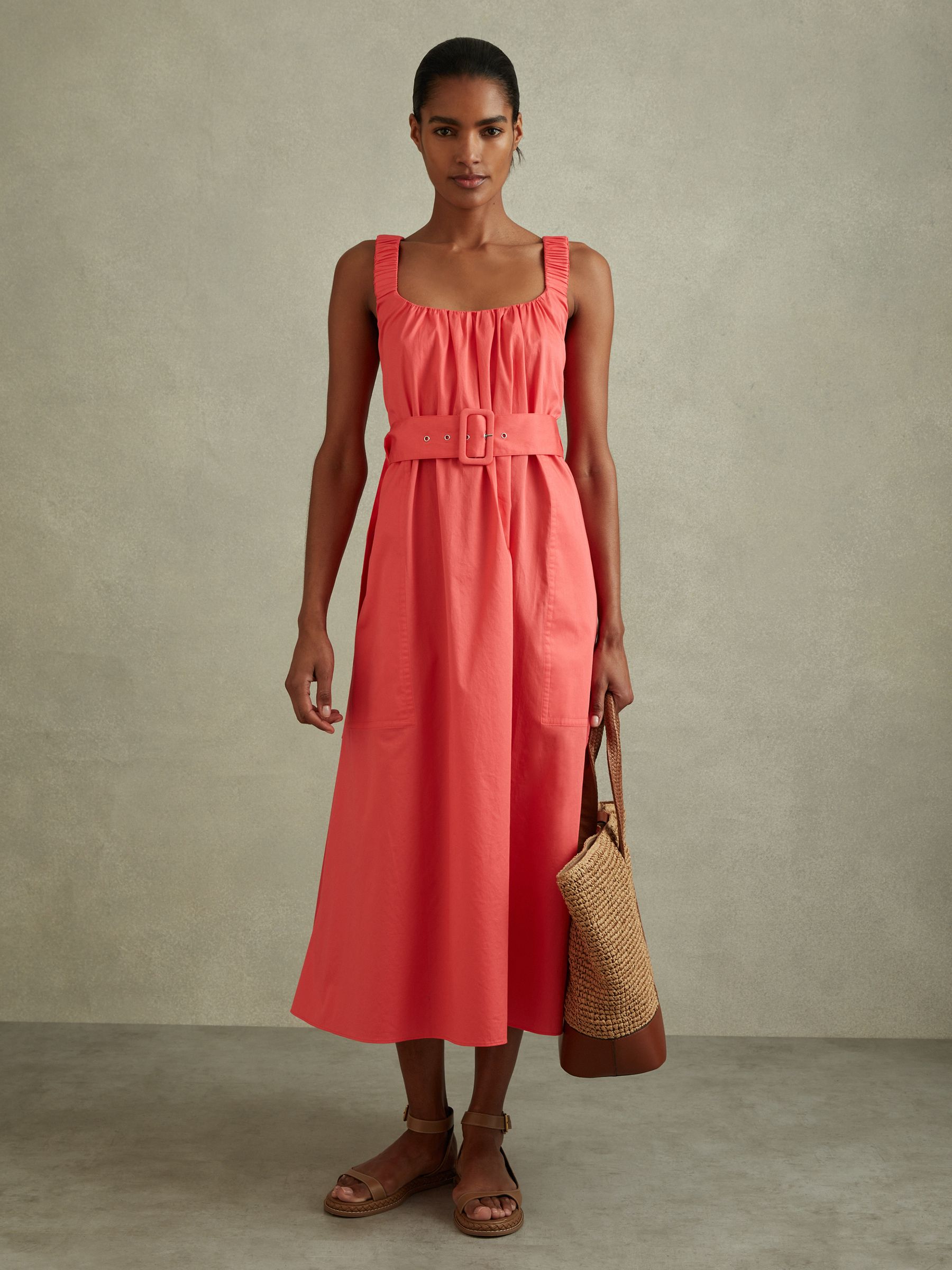 Cotton Ruched Strap Belted Midi Dress in Coral