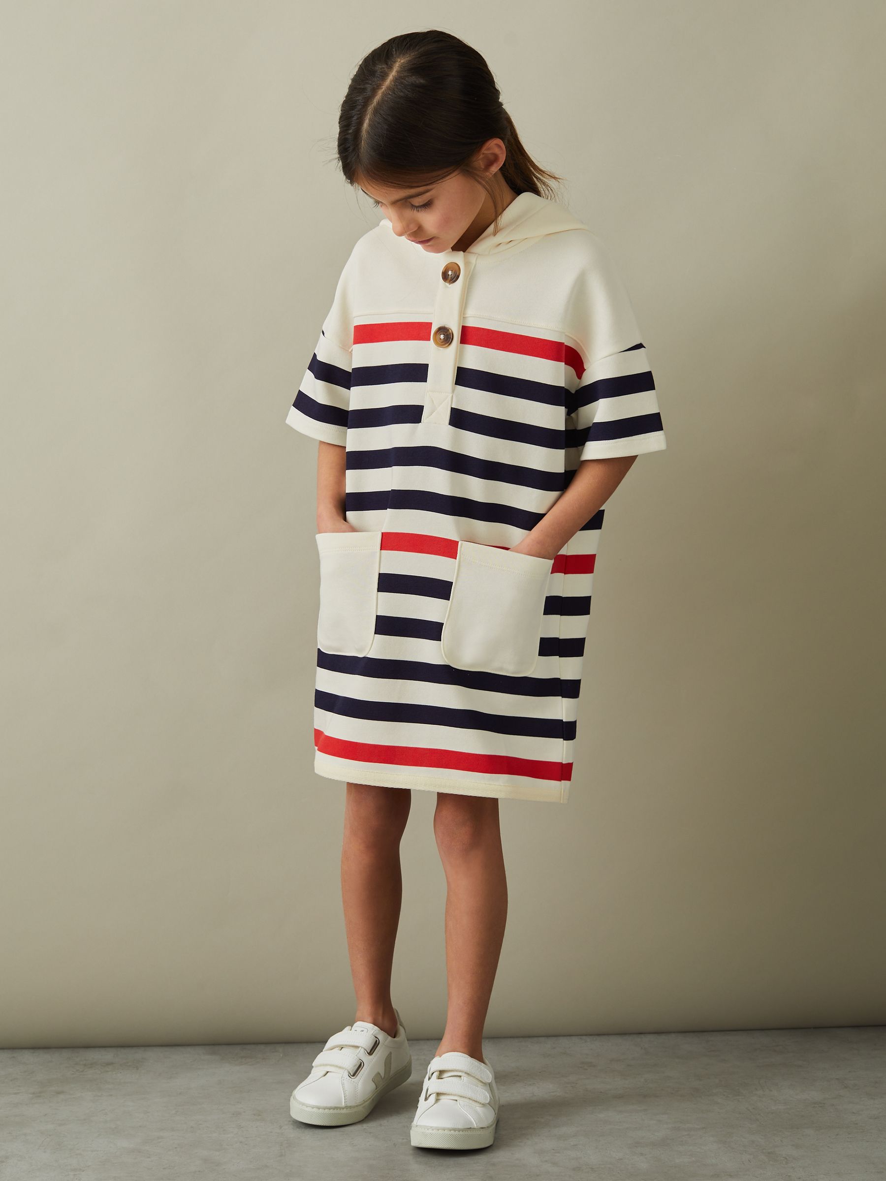 9-13 yrs Striped Jersey Hooded Dress in Ecru