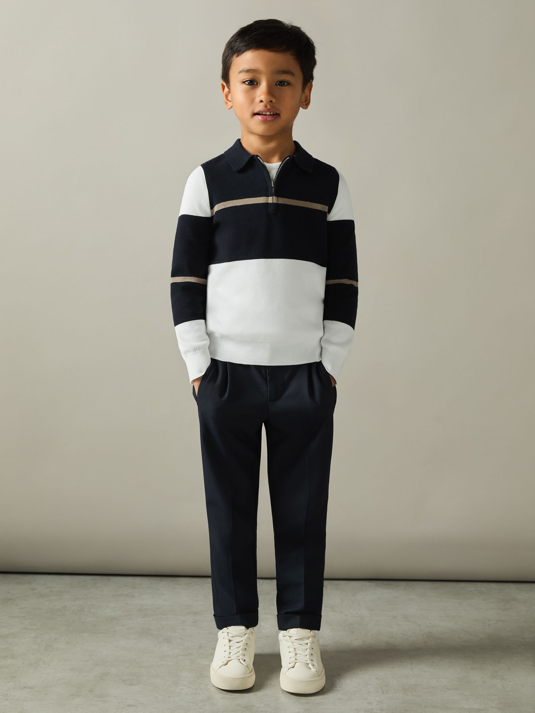 9-13 yrs Colour-Block Half-Zip Polo Shirt in Navy/White/Camel