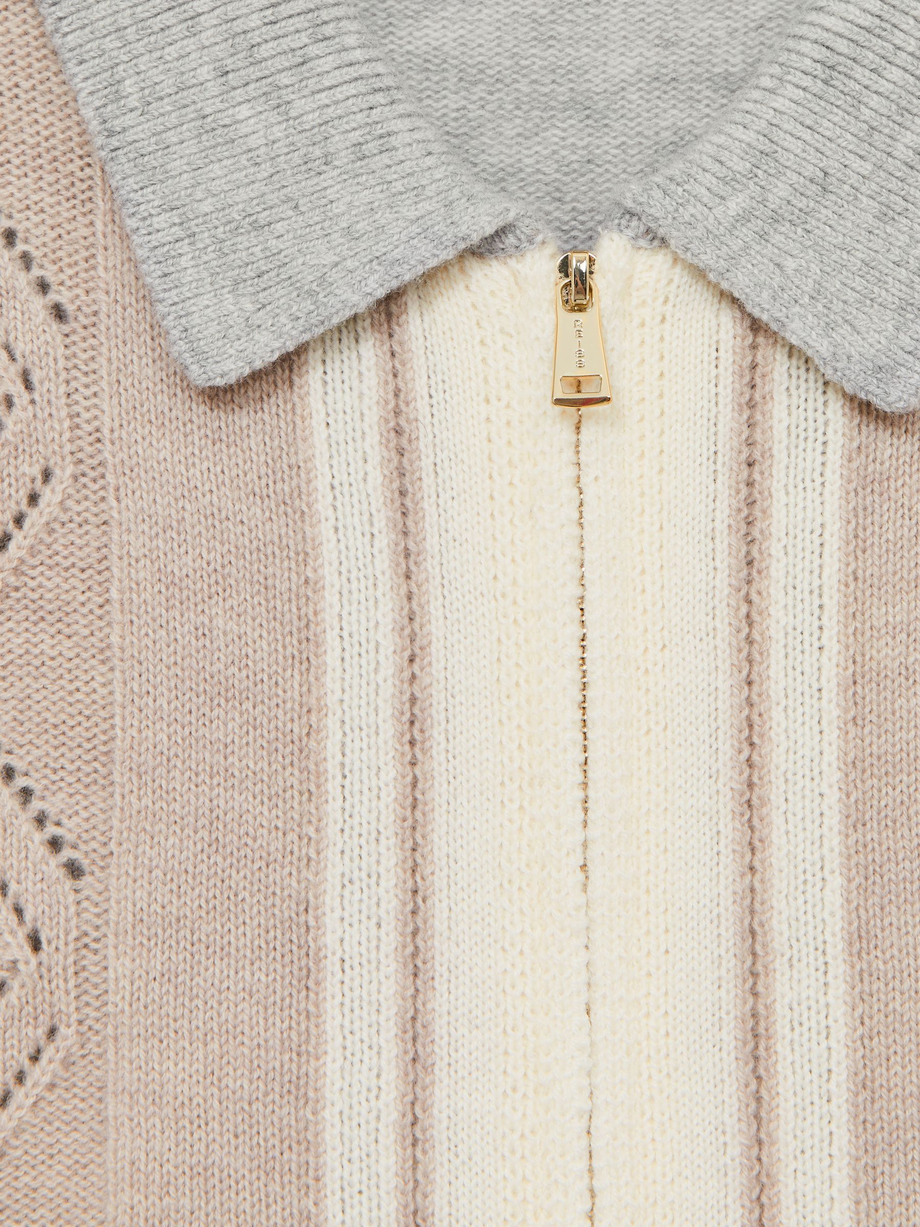 Wool Colour-Block Zip-Through Cardigan in Oatmeal/White