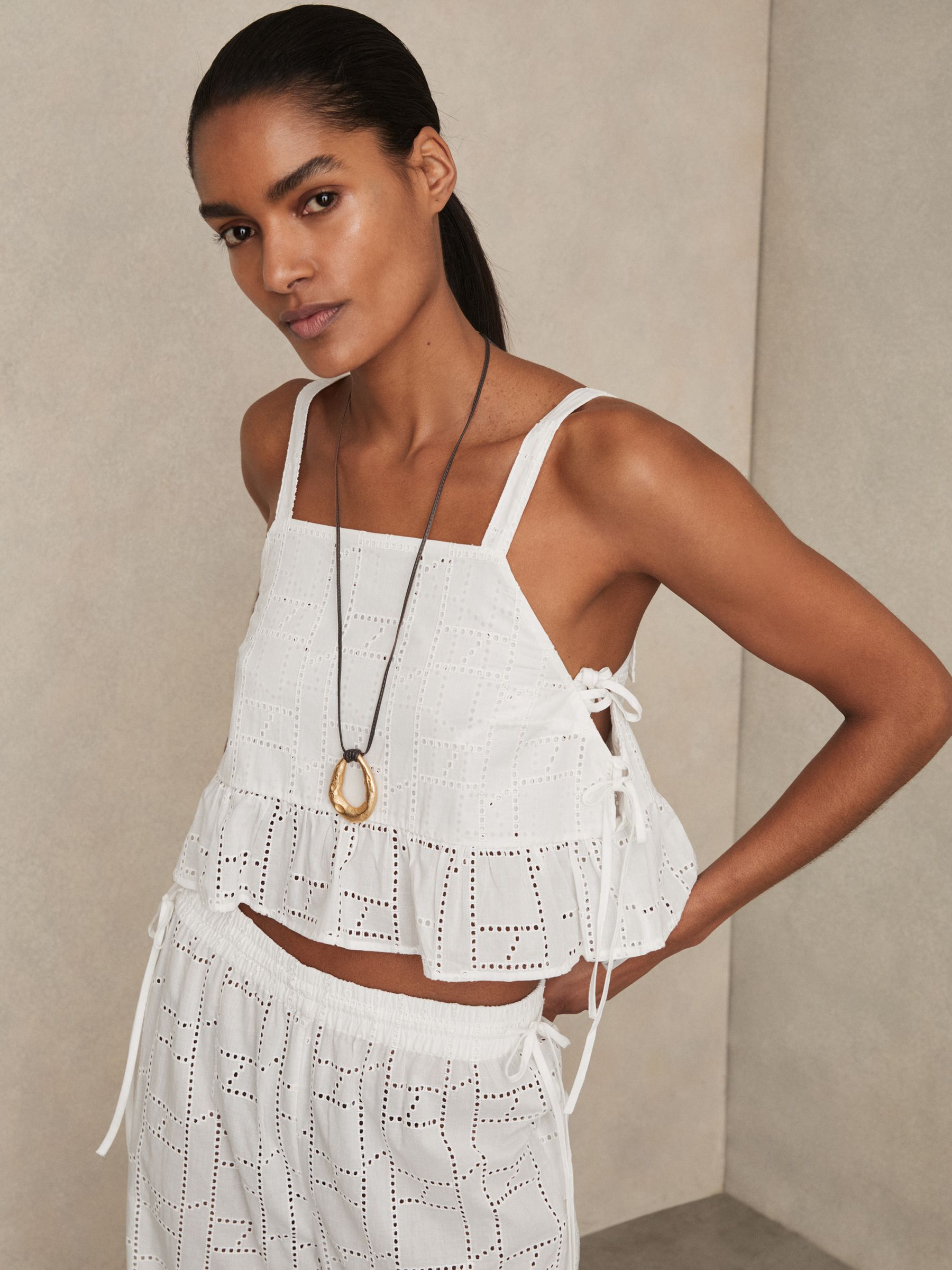 Cotton Broderie Side-Tie Cropped Top in White