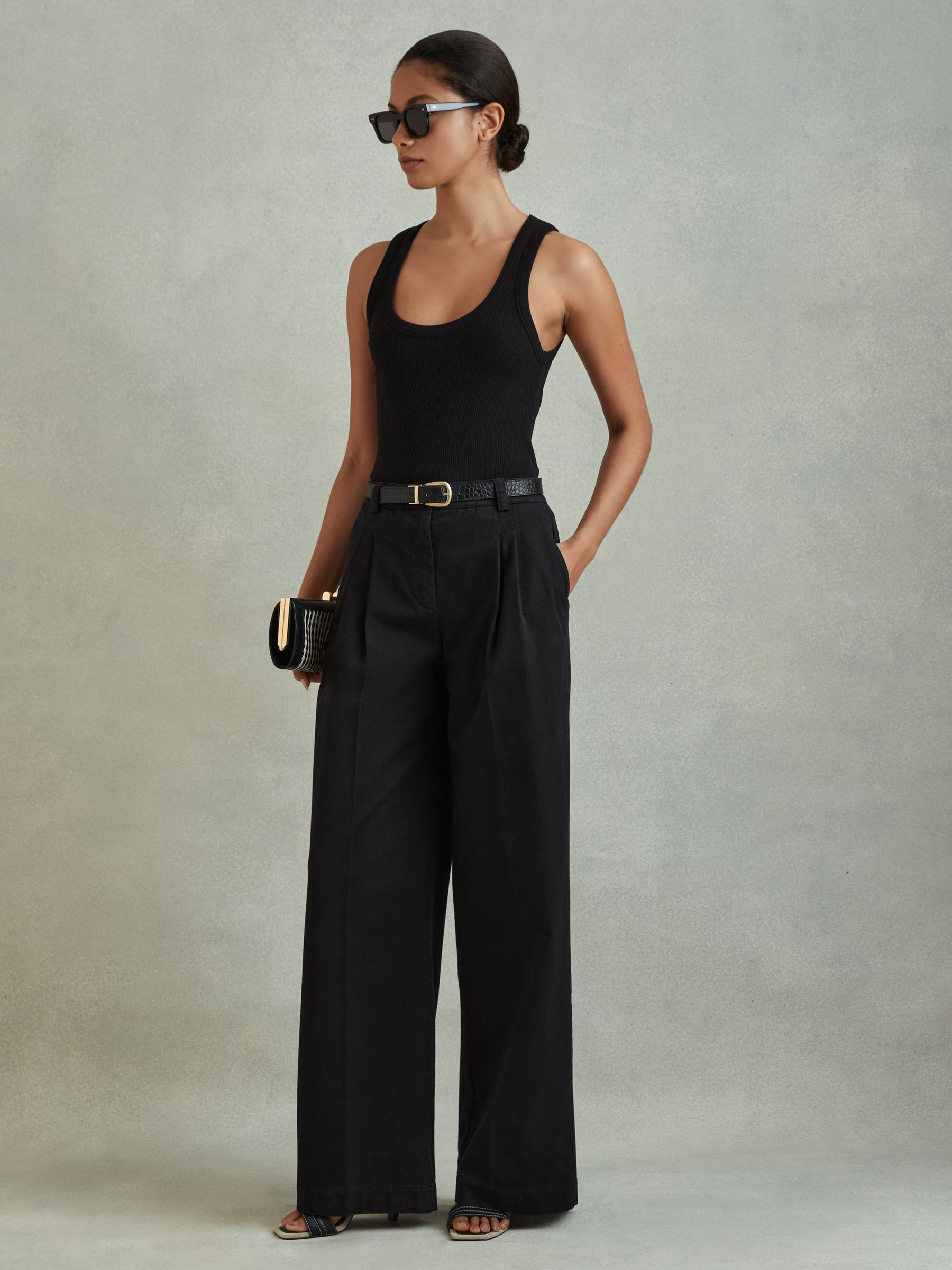 Cotton Blend Wide Leg Trousers in Washed Black
