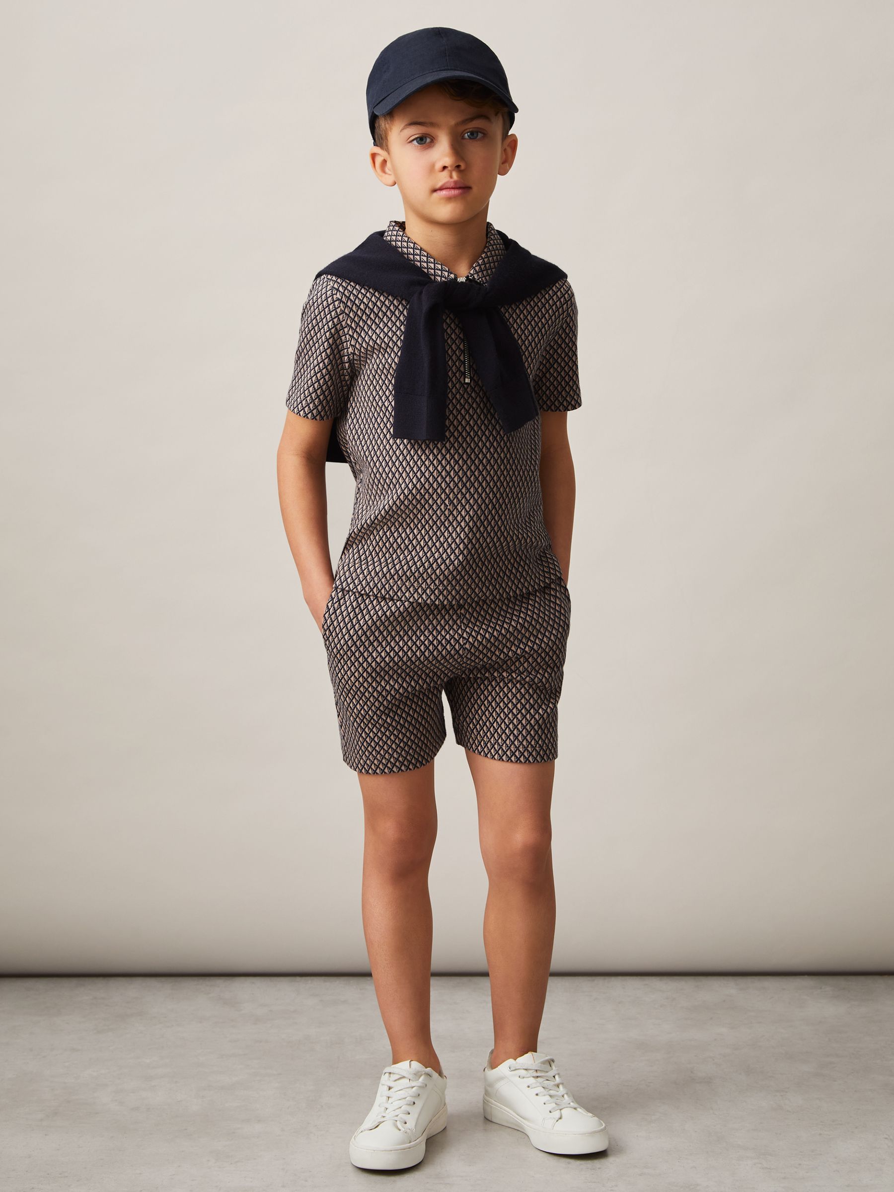 3-9 yrs Cotton Blend Geometric Jacquard Shorts in Navy/Tobacco Brown