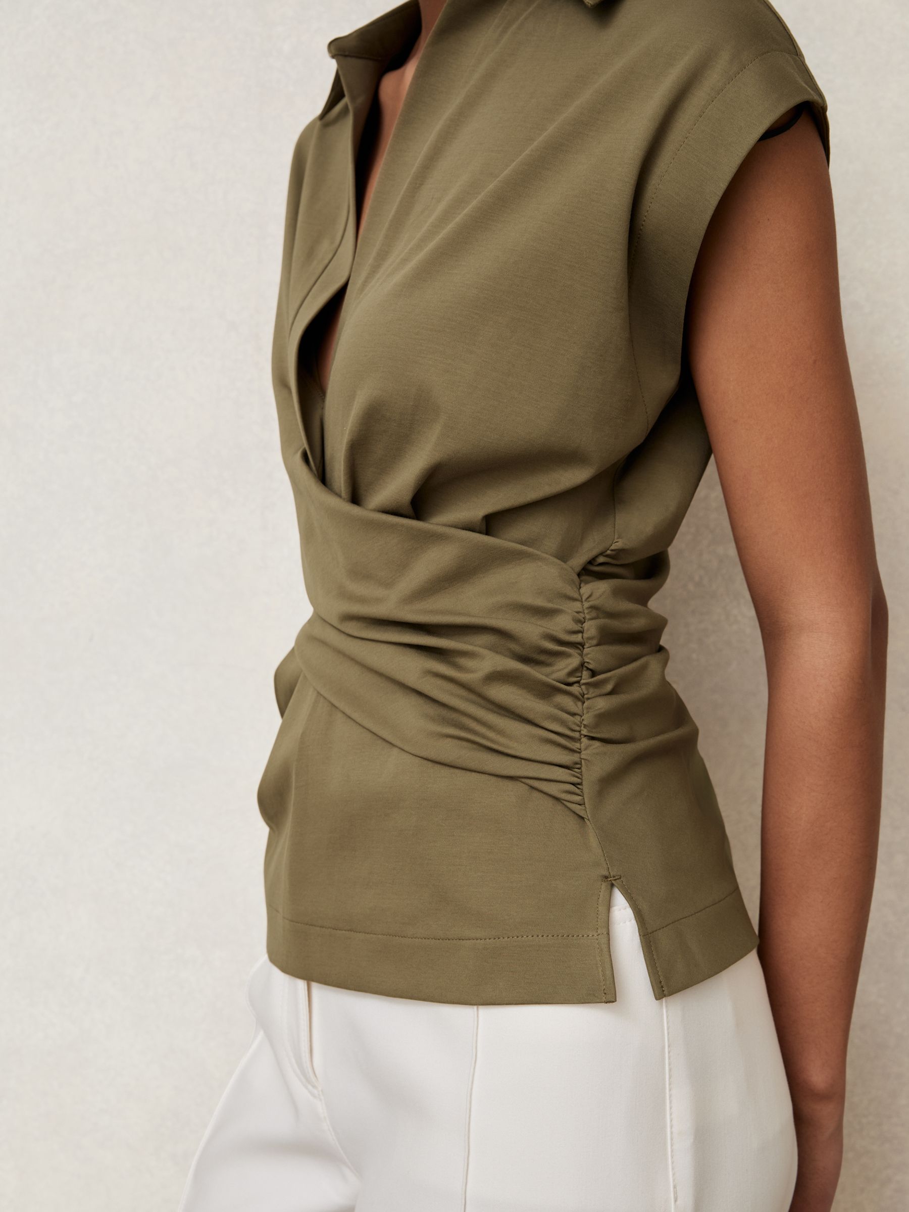 Stretch-Cotton Wrap-Front Collar Top in Khaki Green