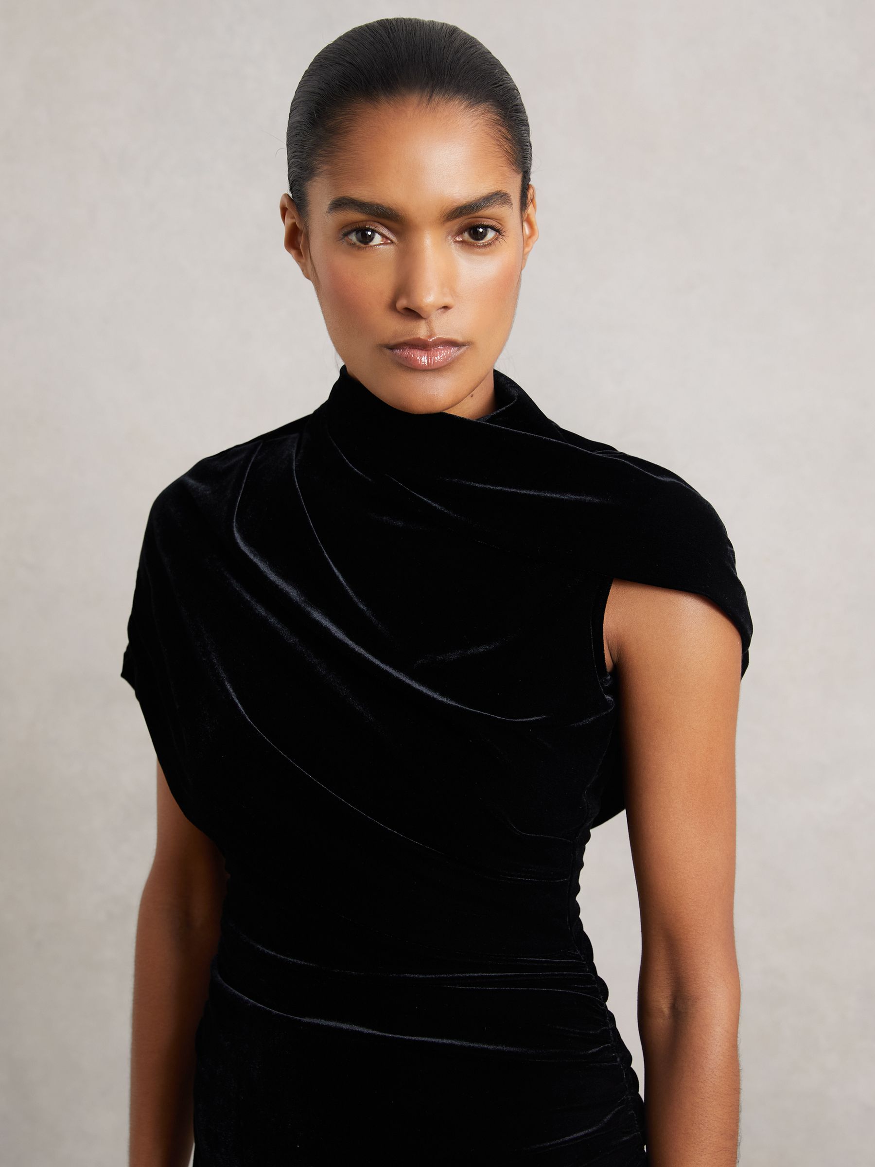 Velvet Draped-Neck Ruched Midi Dress in Black