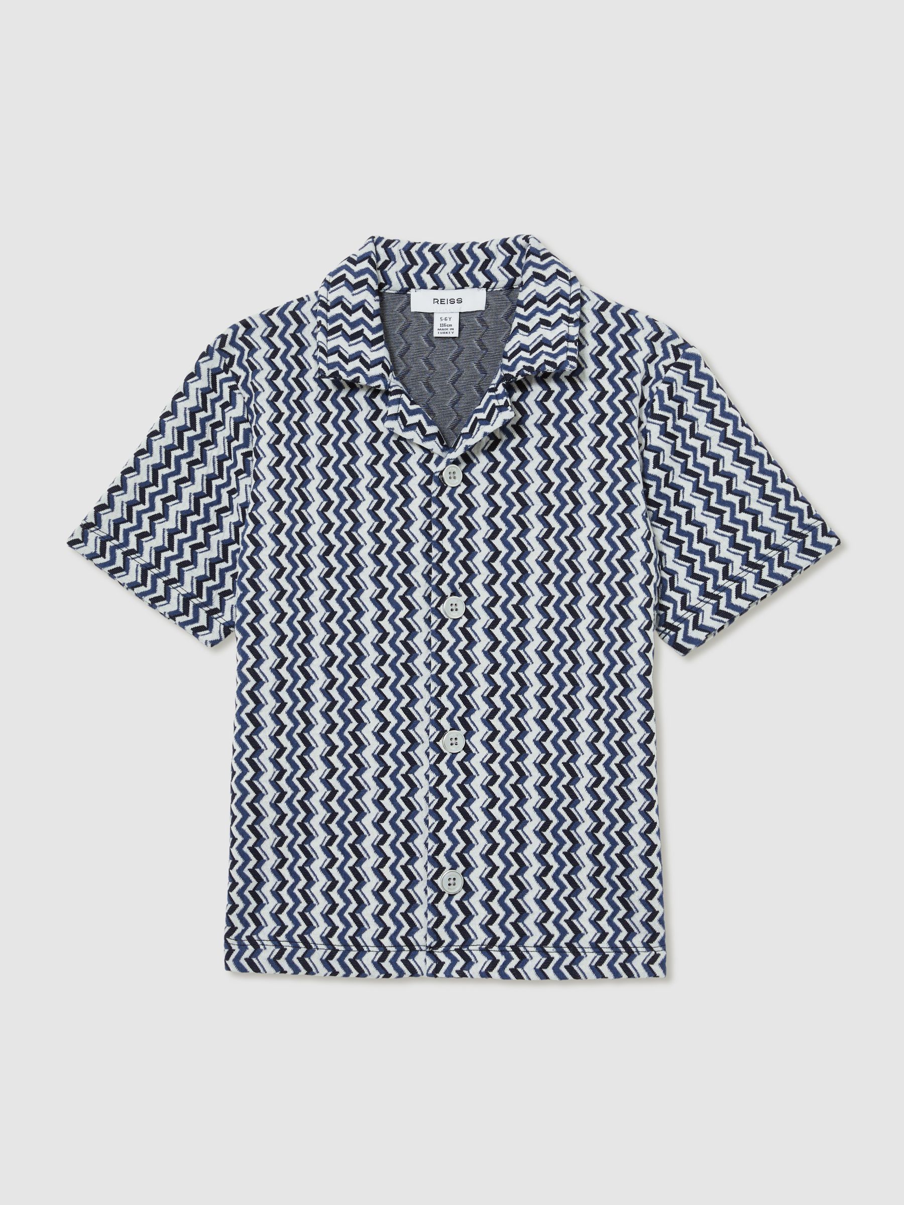 9-13 yrs Zig-Zag Knit Cuban-Collar Shirt in Blue