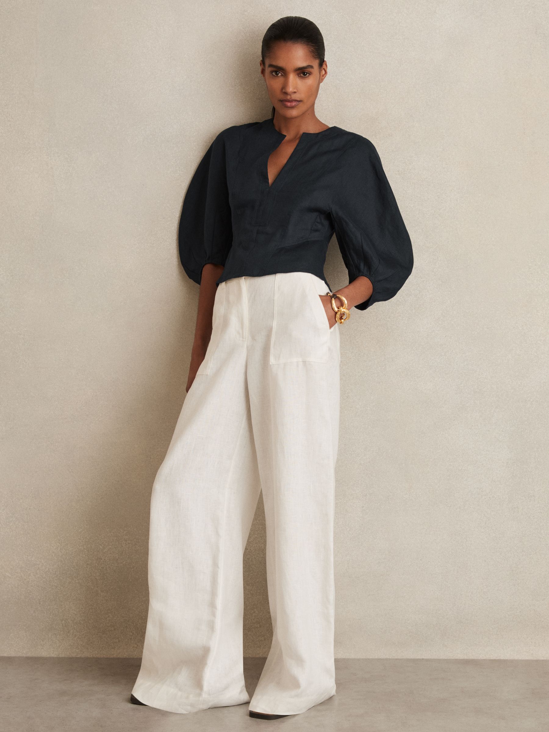 Linen Balloon-Sleeve Top in Navy