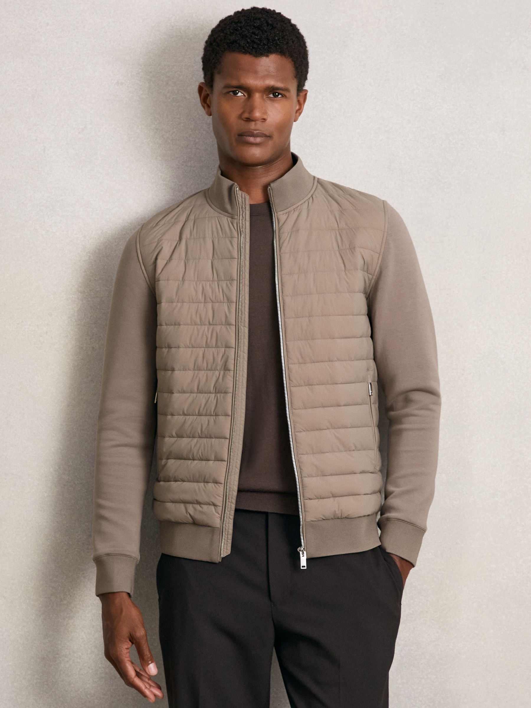 Hybrid Quilt and Knit Zip-Through Jacket in Taupe Brown