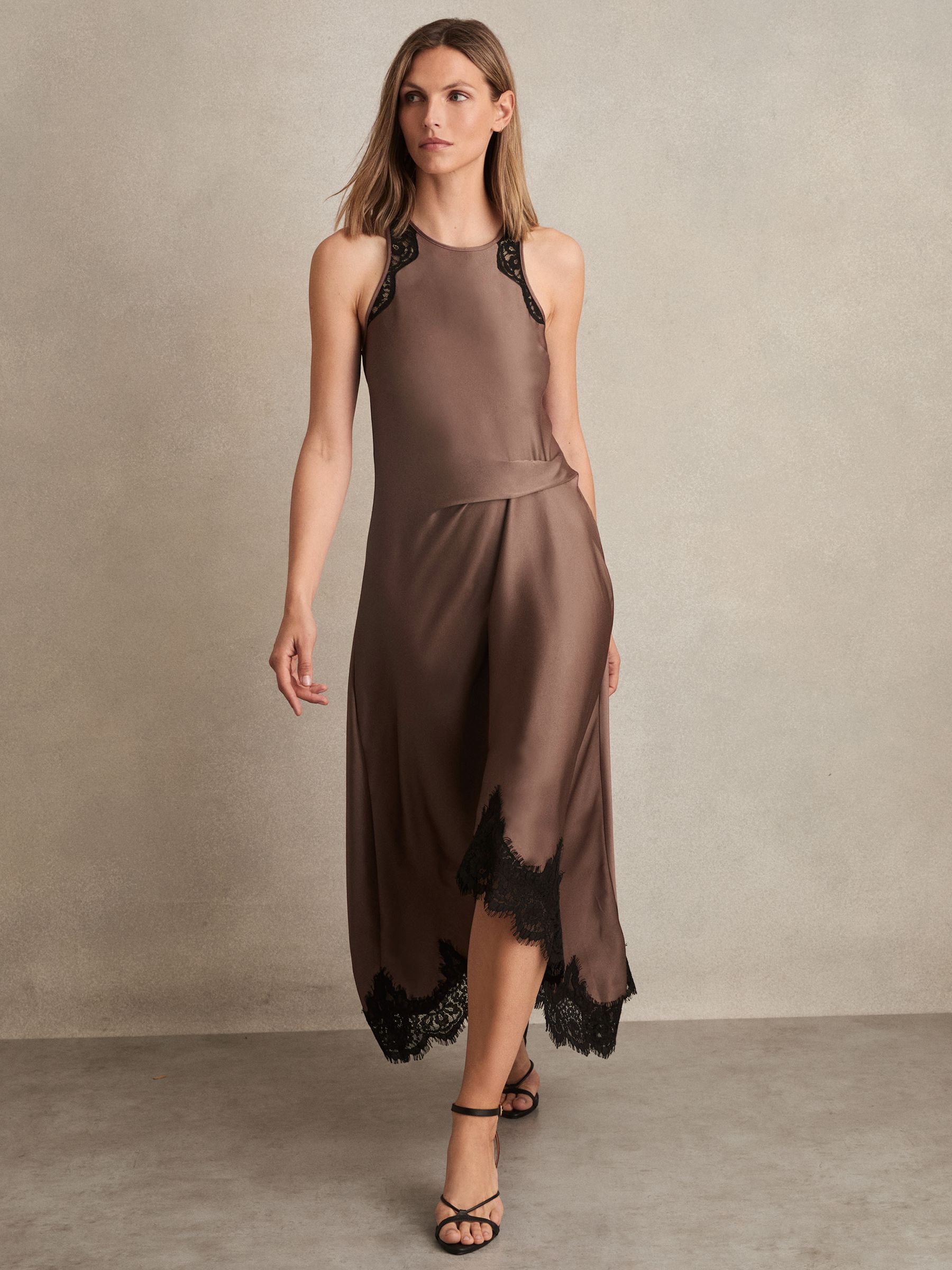 Satin Drape Lace-Trim Dress in Mocha Brown