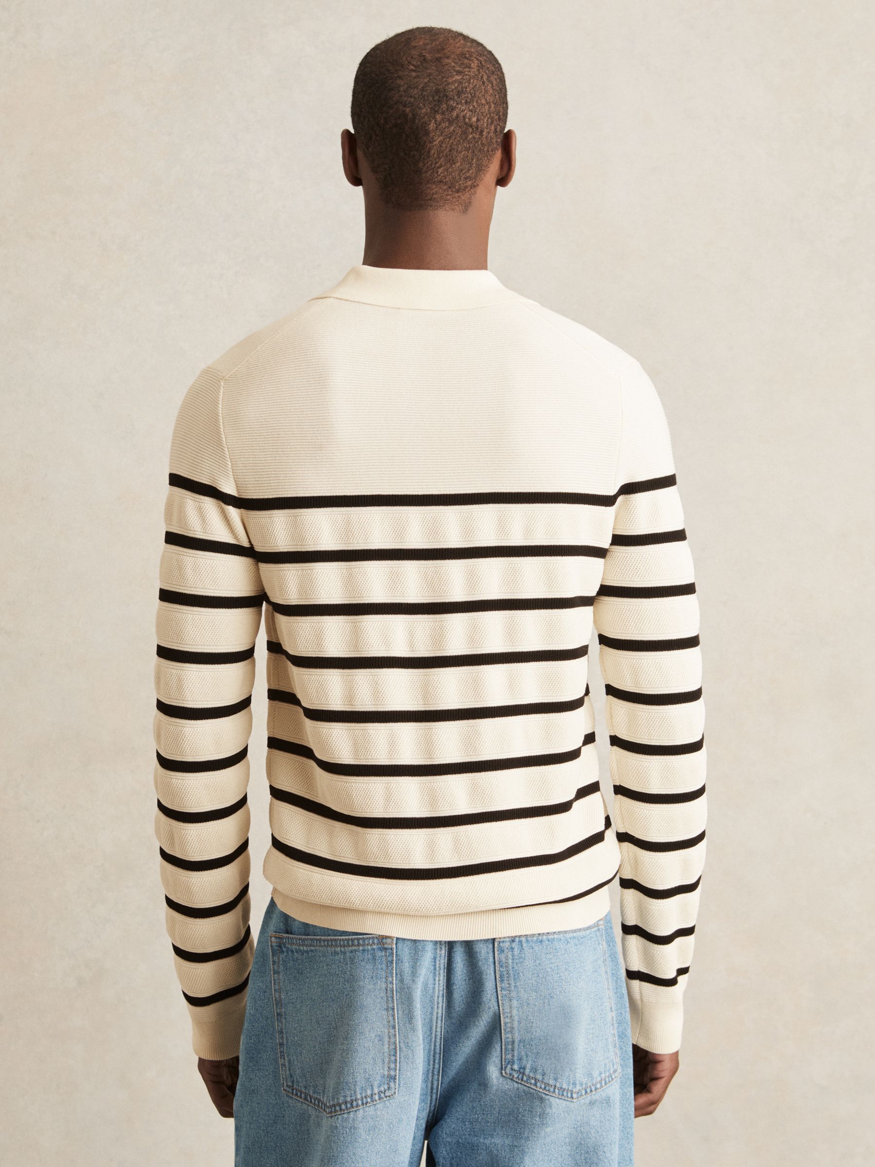 Cotton Blend Stripe Knit Polo Shirt in Warm Stone/Black