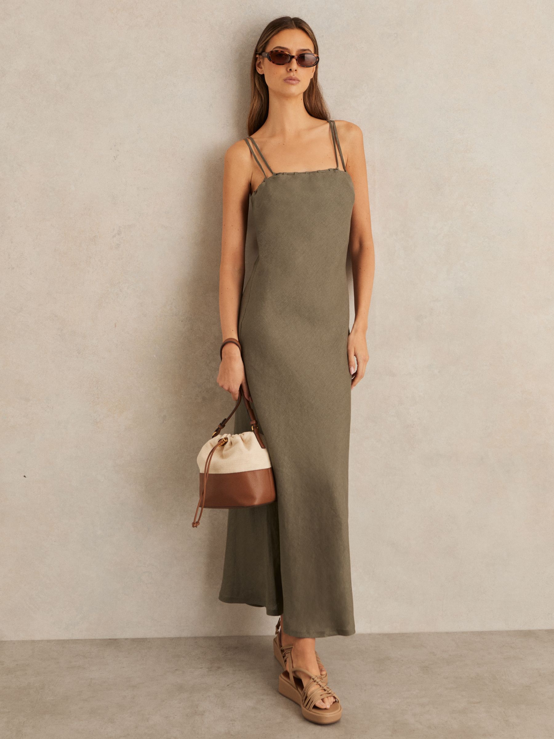 Linen Double-Strap Slip Dress in Khaki