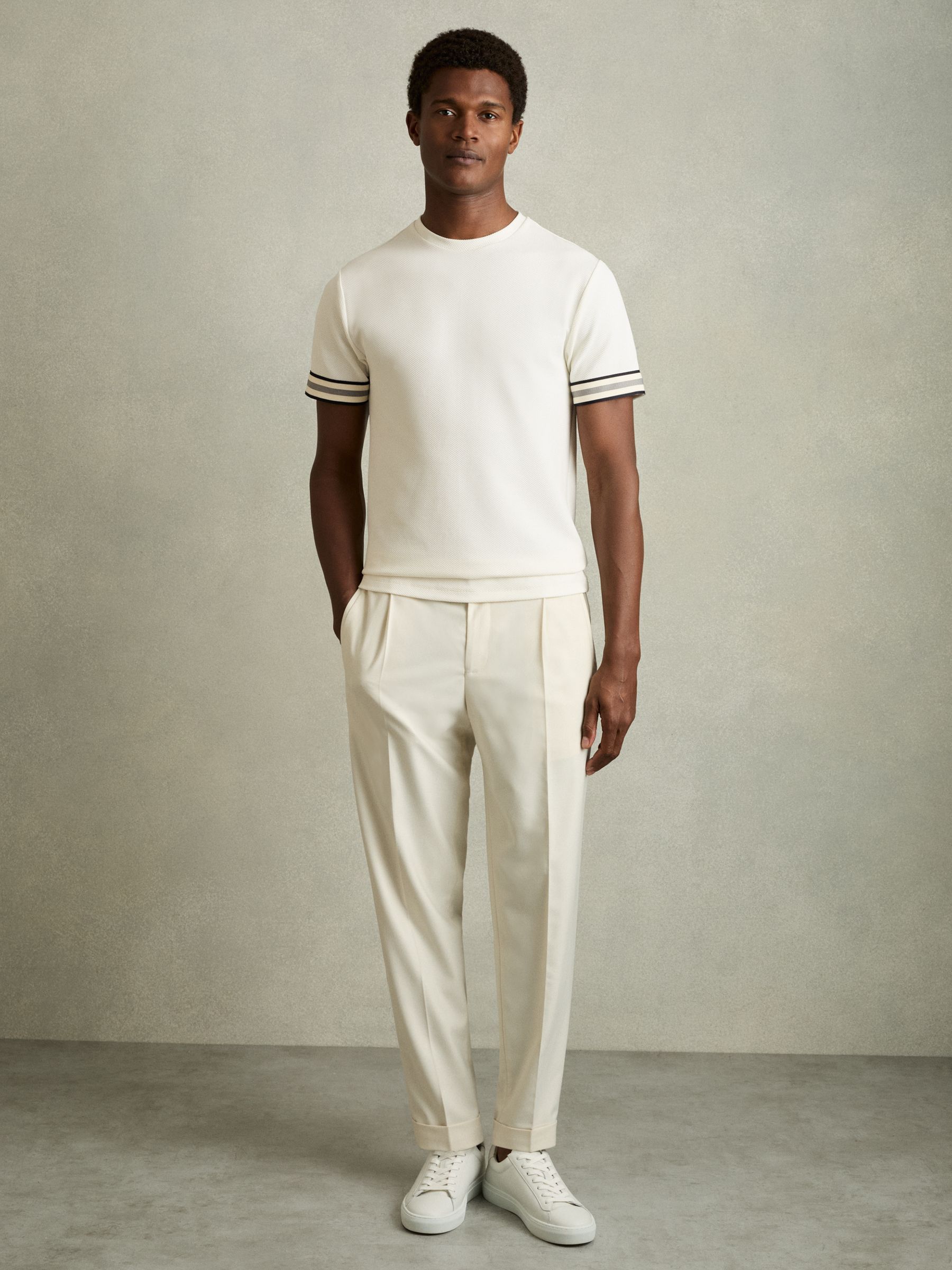 Tape-Cuff Textured T-Shirt in White