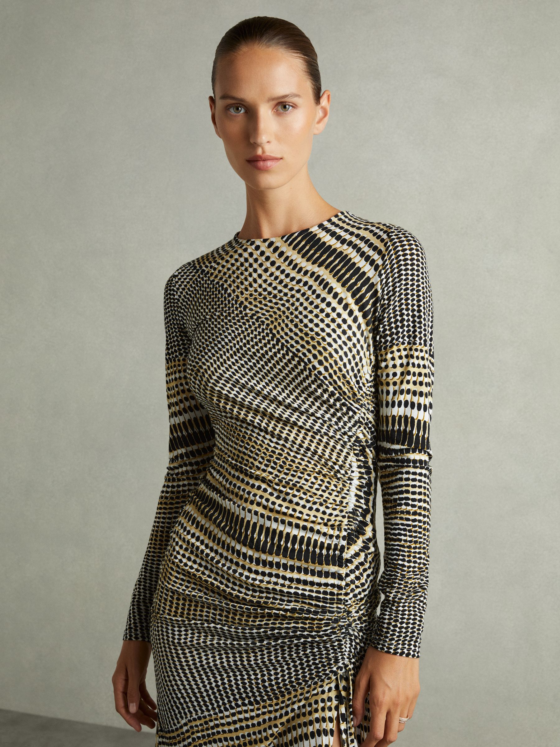 Printed Ruched Midi Dress in Black/Olive