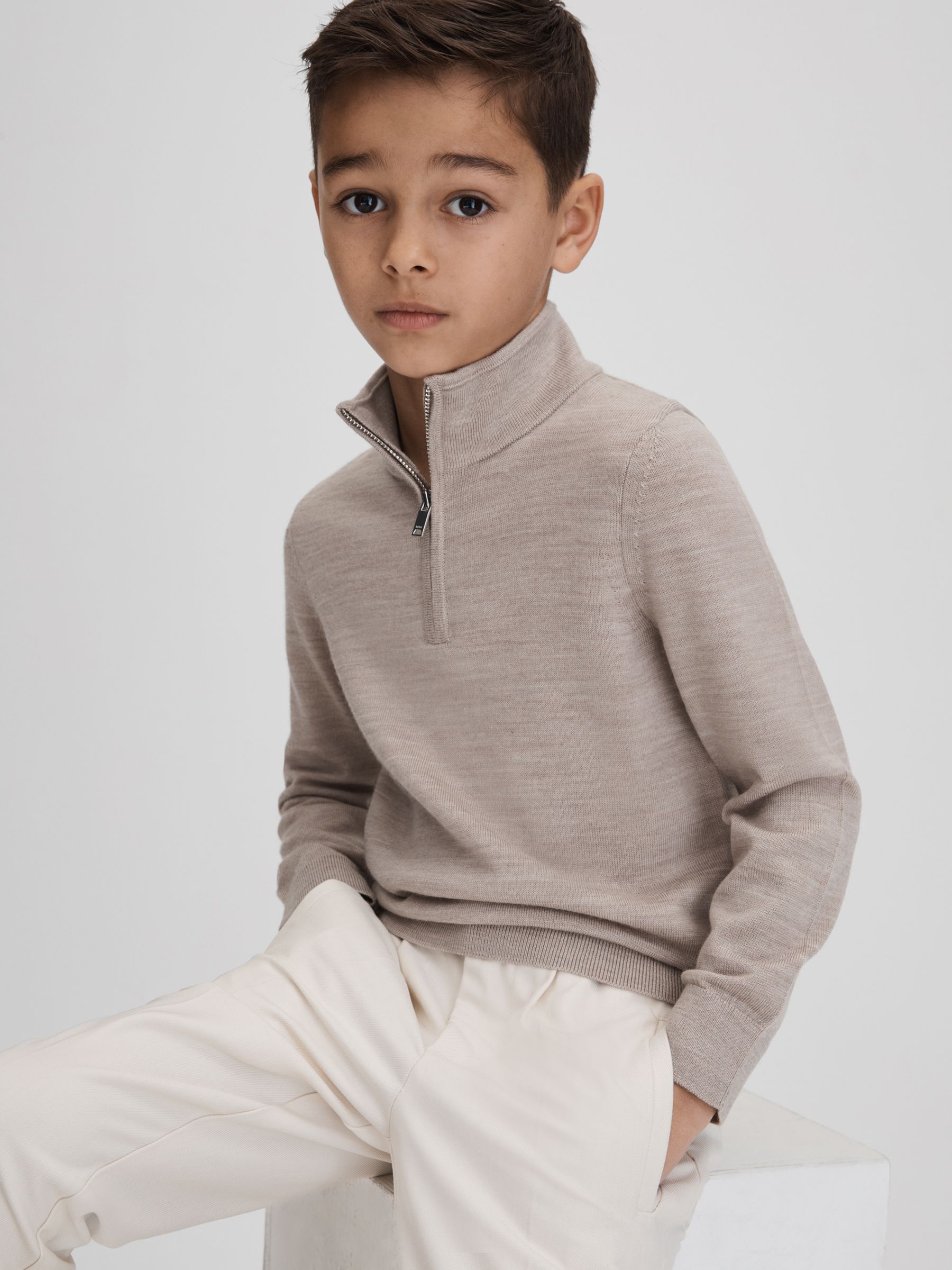 9-13 yrs Wool Half-Zip Funnel Neck Jumper in Wheat Melange