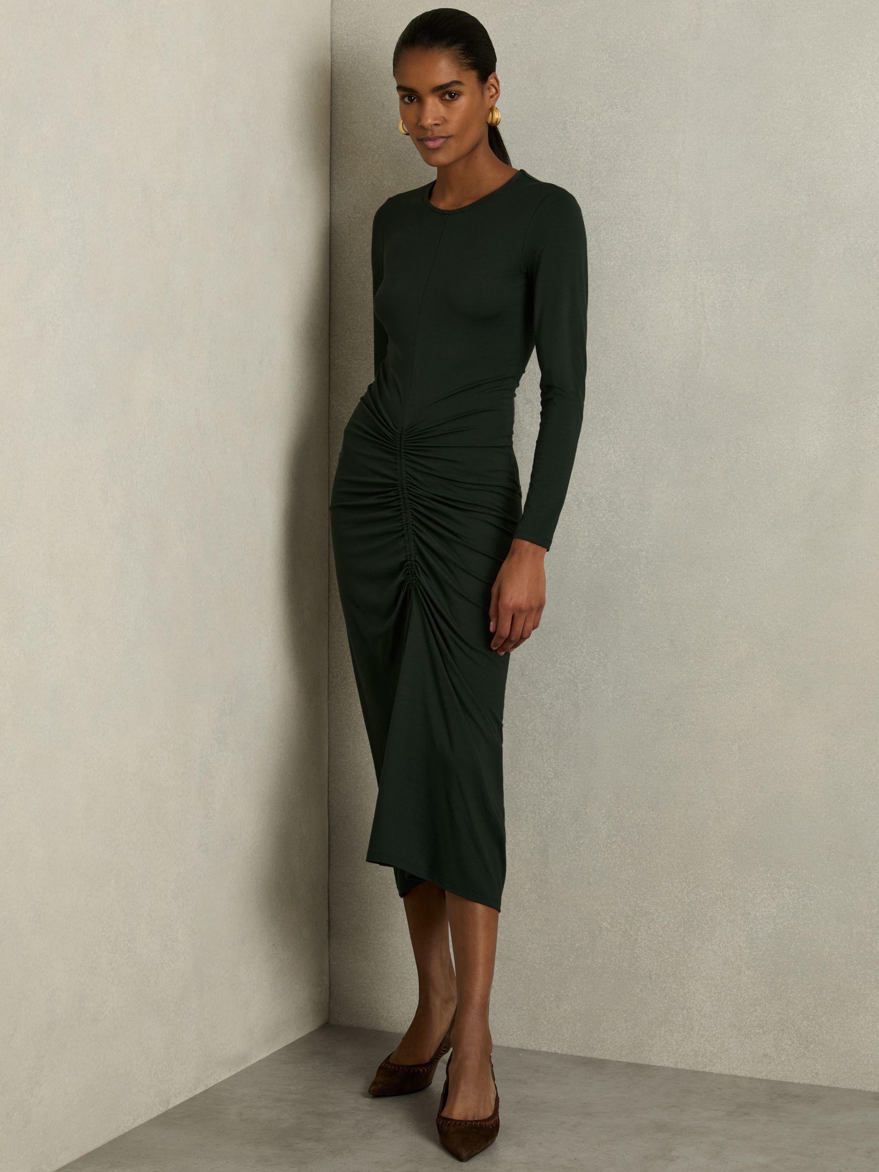 Ruched Jersey Midi Dress in Green