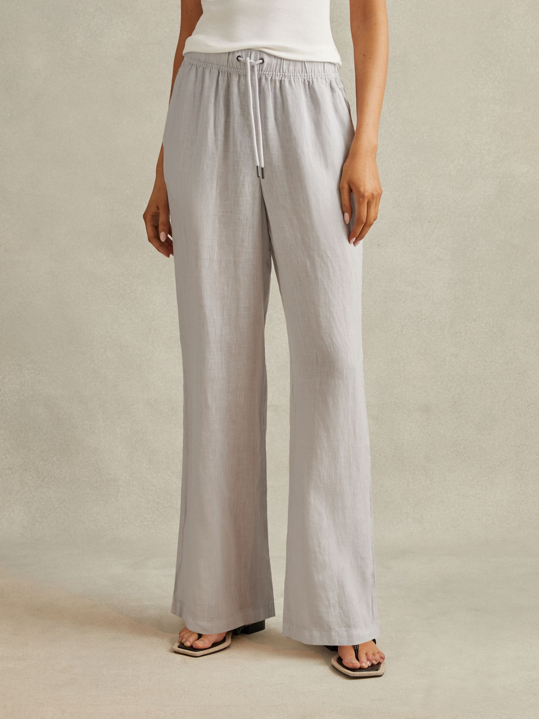 Garment Dyed Wide Leg 100% Linen Trousers in Dusty Blue