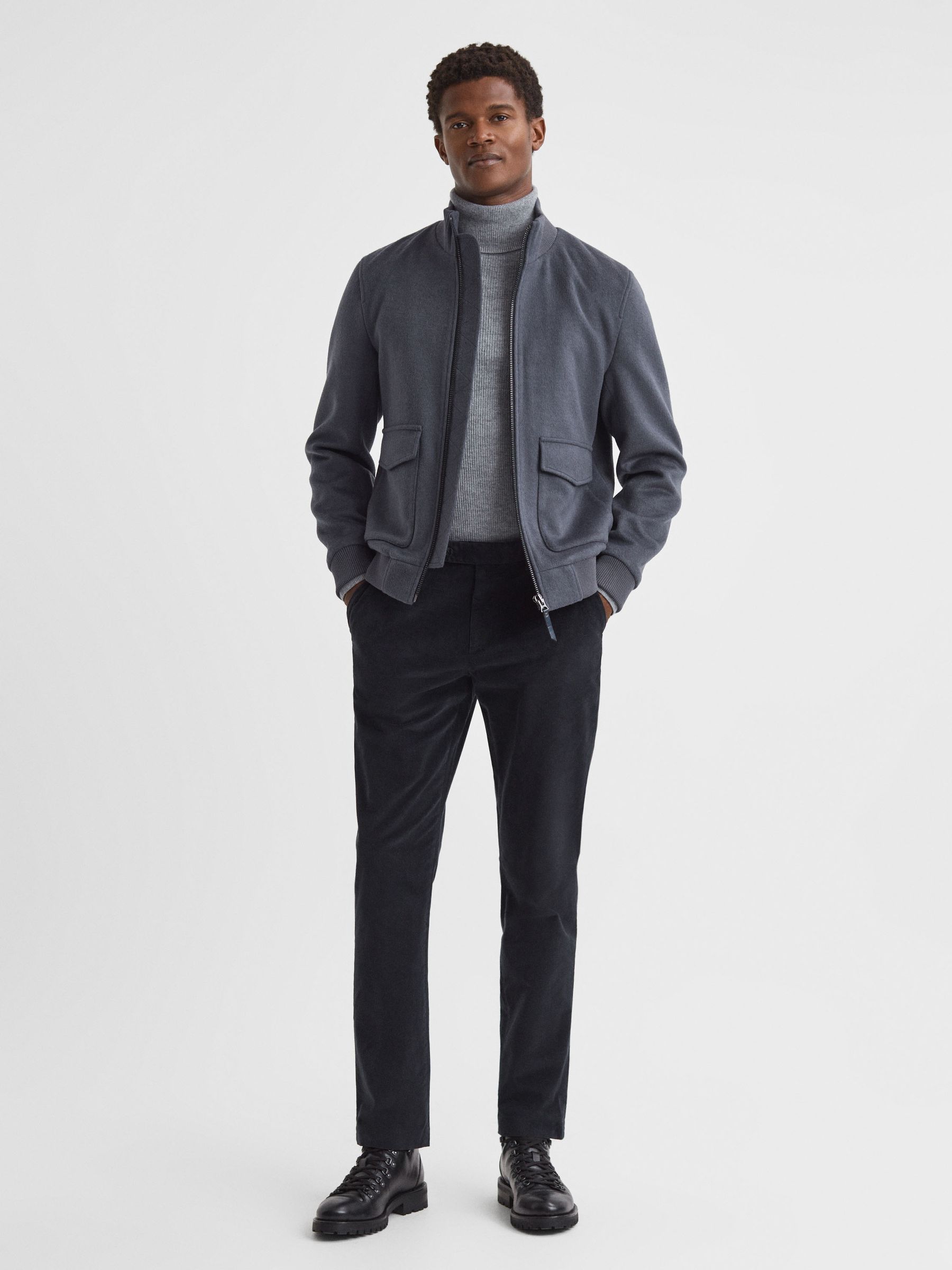 Slim Fit Brushed Cotton Trousers in Navy